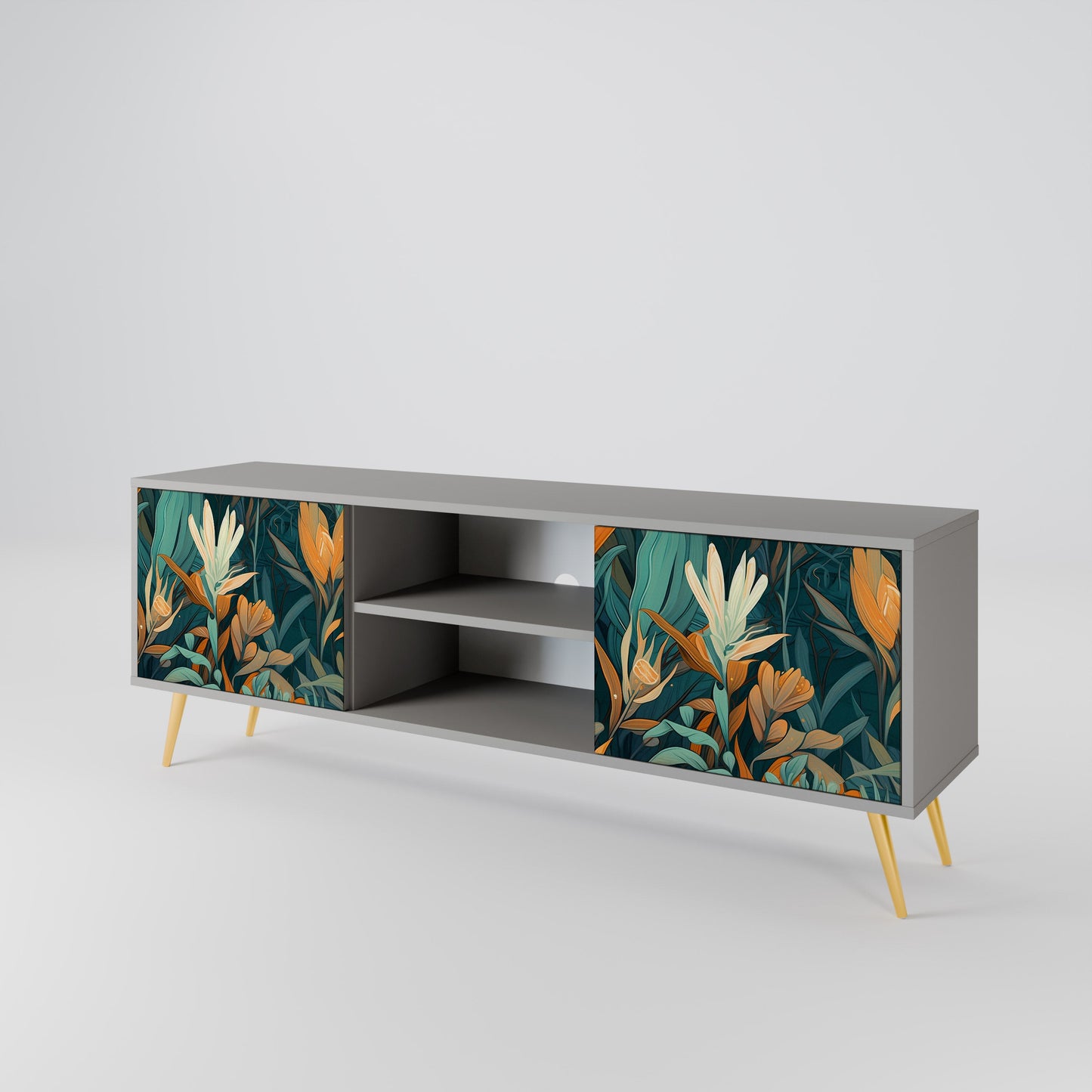 FLORAL SERENITY 2-Door TV Stand in Grey Finish