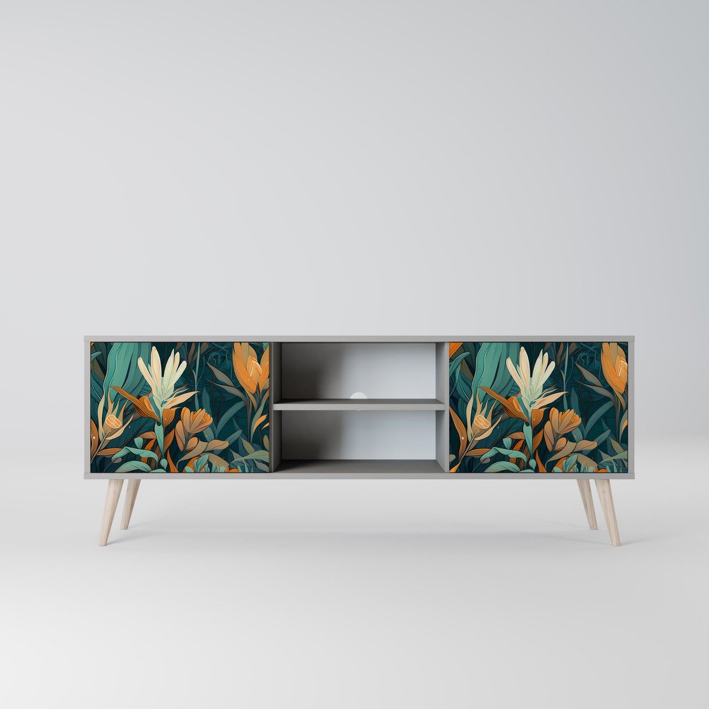 FLORAL SERENITY 2-Door TV Stand in Grey Finish