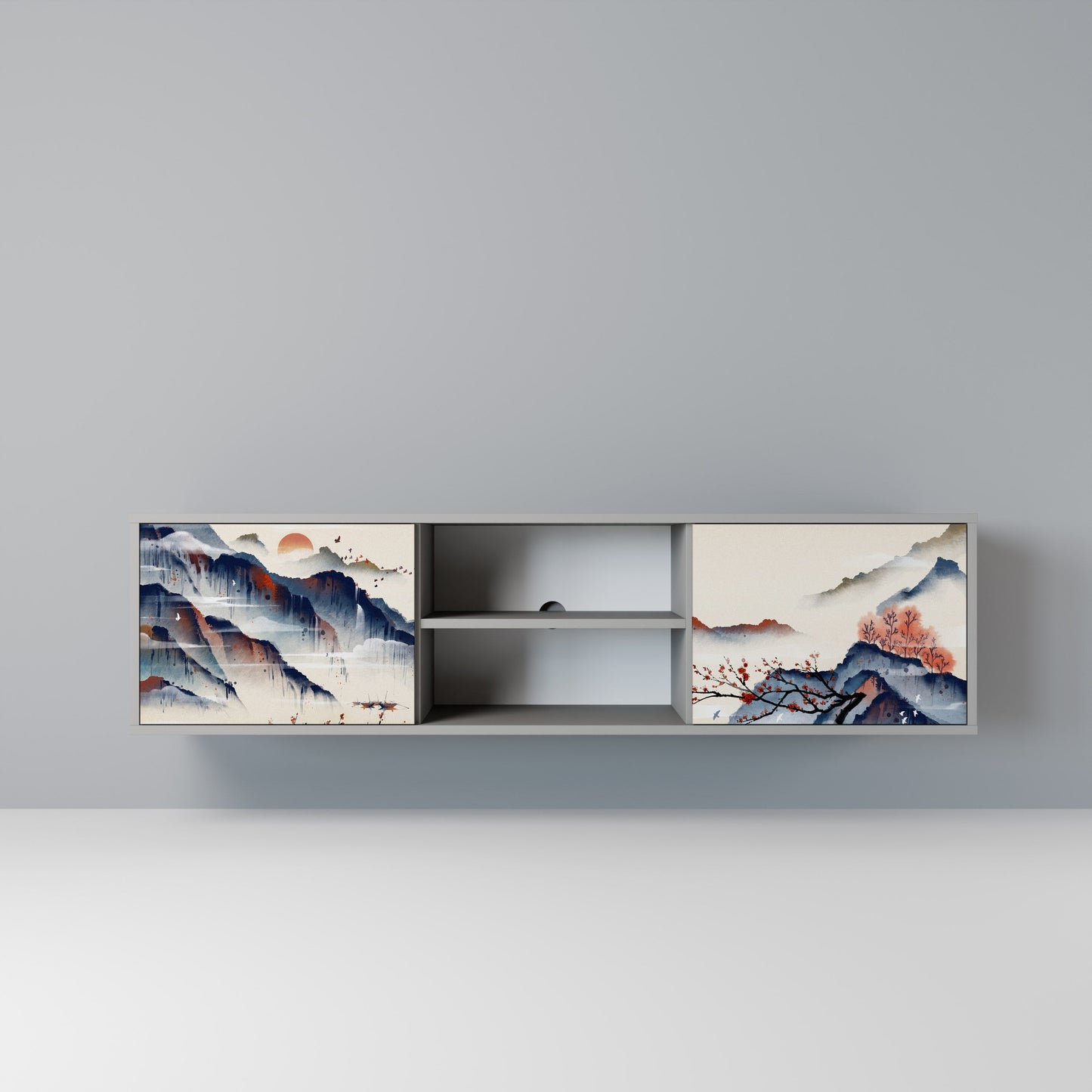 JAPANESE LANDSCAPE 2-Door TV Stand in Grey Finish