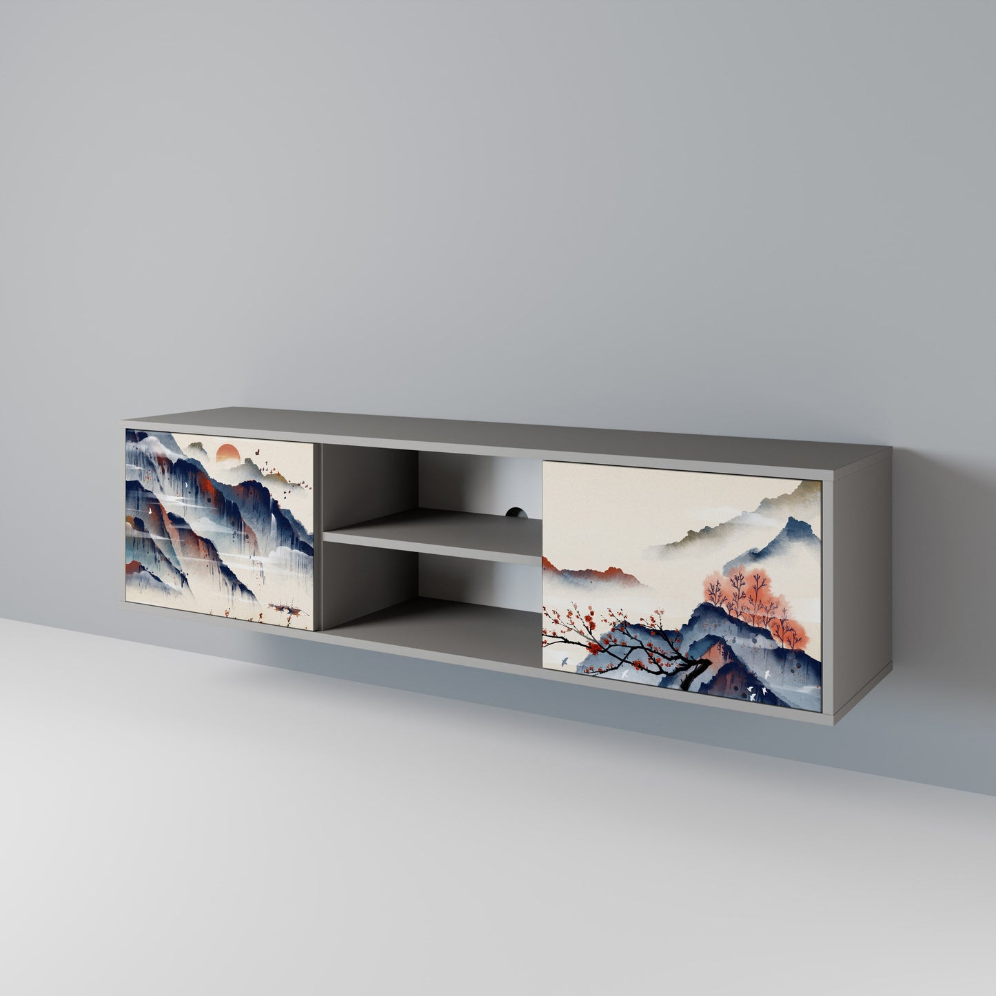 JAPANESE LANDSCAPE 2-Door TV Stand in Grey Finish