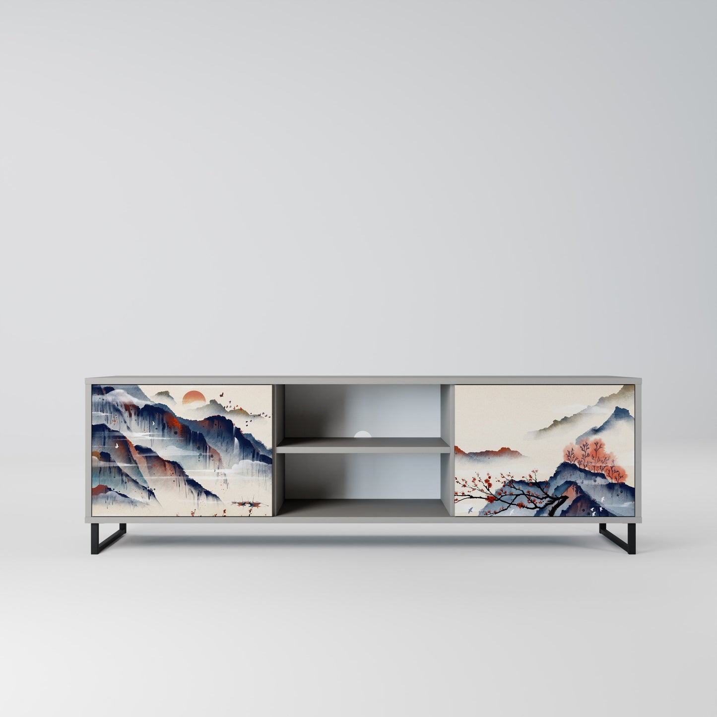 JAPANESE LANDSCAPE 2-Door TV Stand in Grey Finish