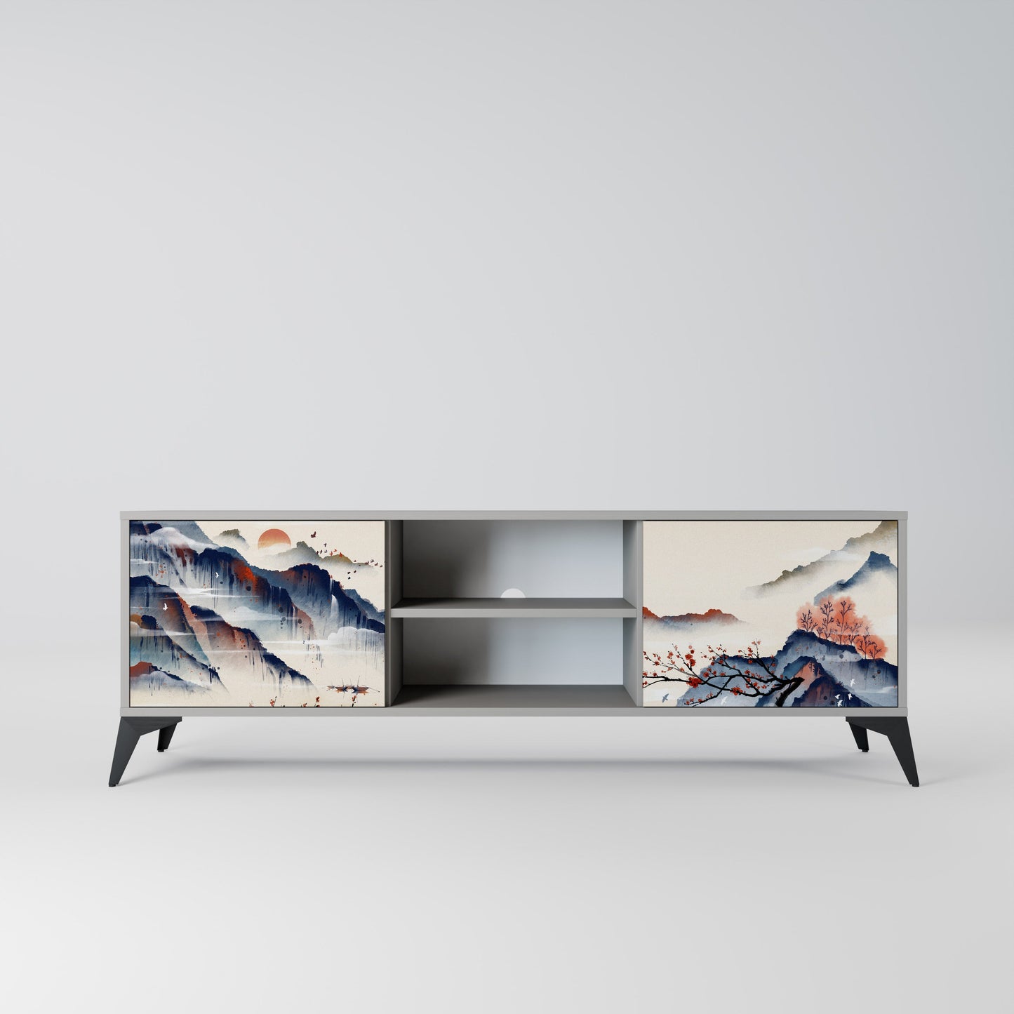 JAPANESE LANDSCAPE 2-Door TV Stand in Grey Finish