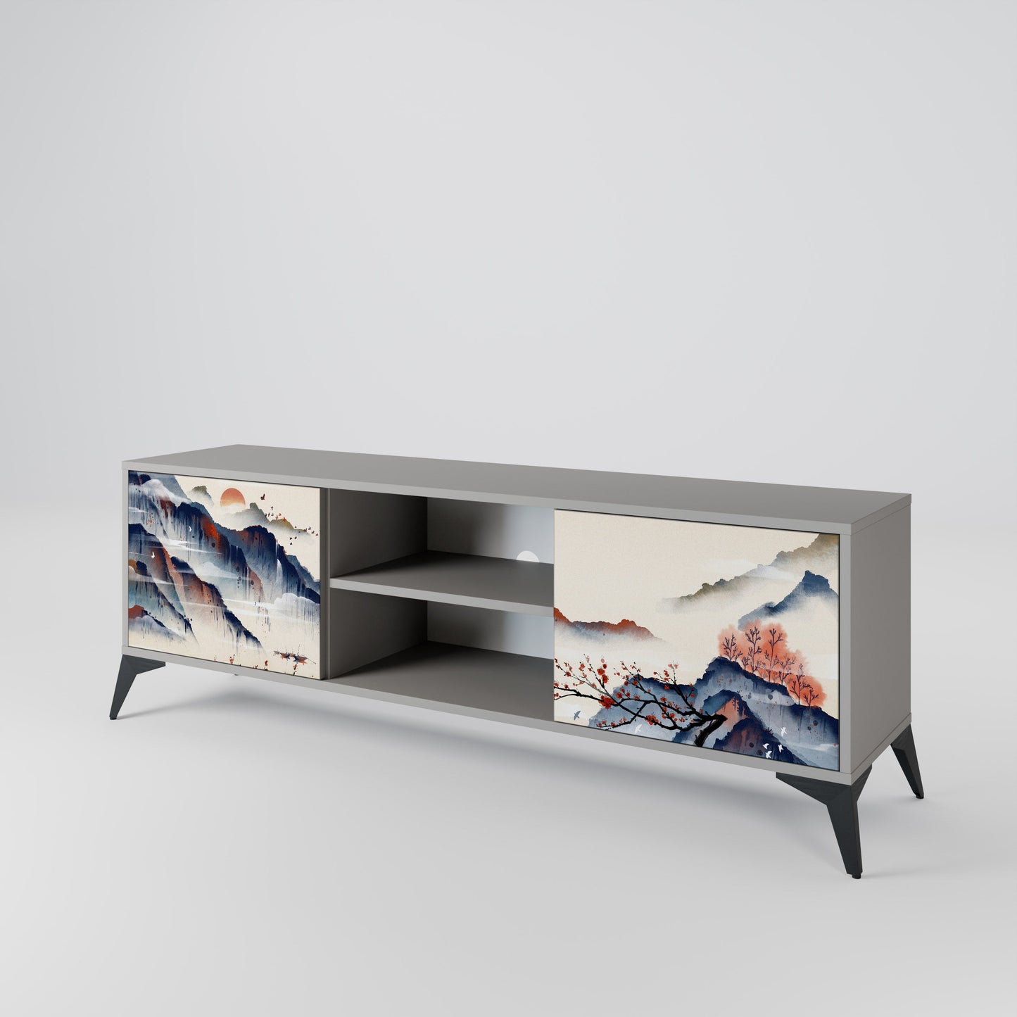 JAPANESE LANDSCAPE 2-Door TV Stand in Grey Finish