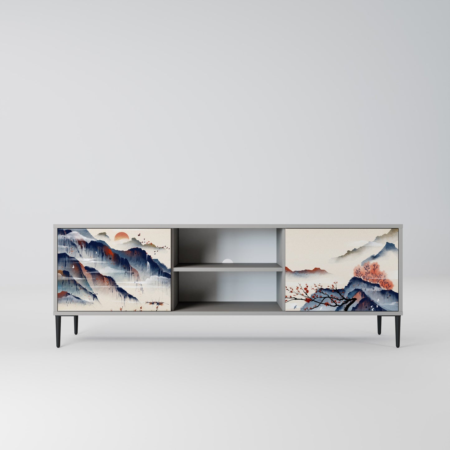 JAPANESE LANDSCAPE 2-Door TV Stand in Grey Finish