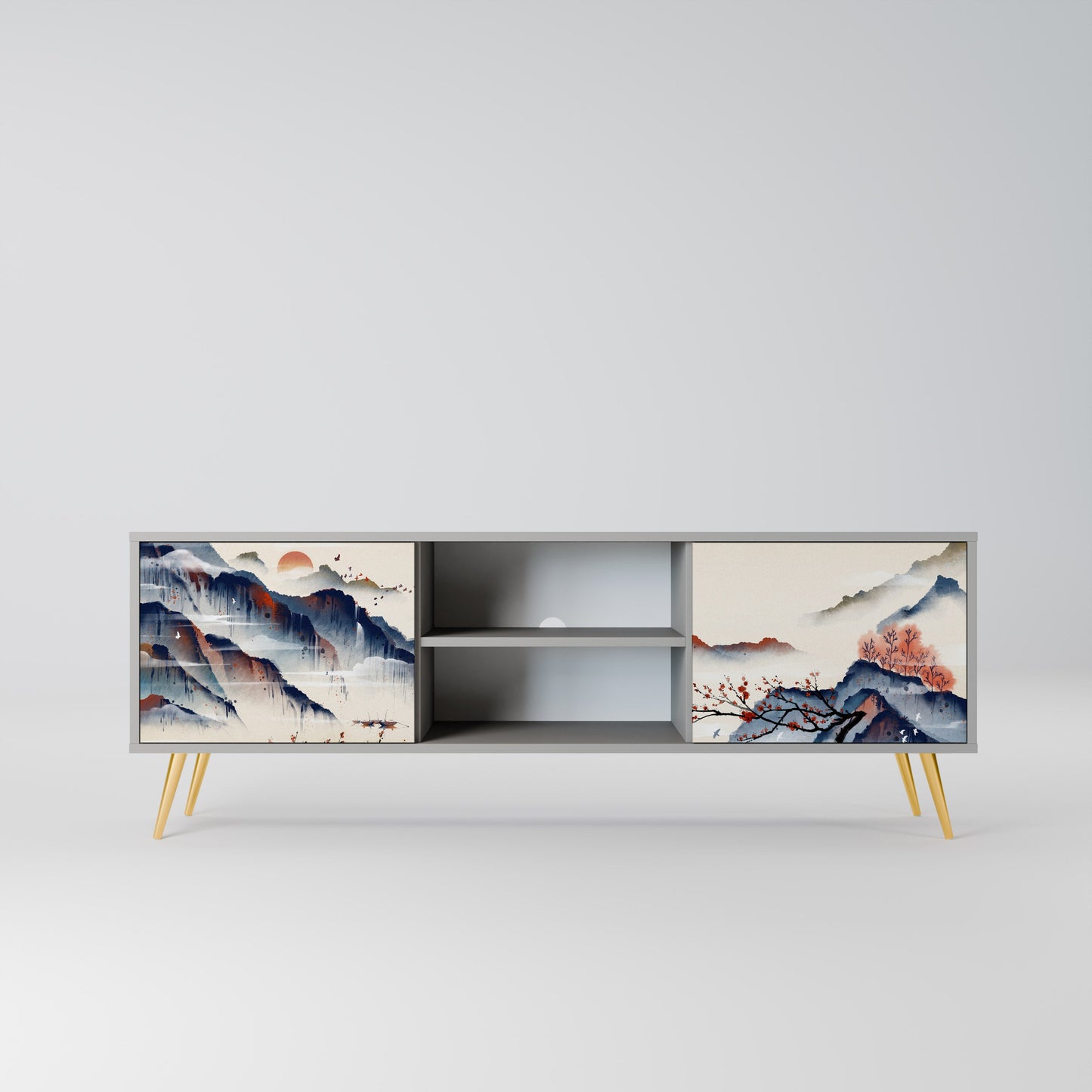 JAPANESE LANDSCAPE 2-Door TV Stand in Grey Finish