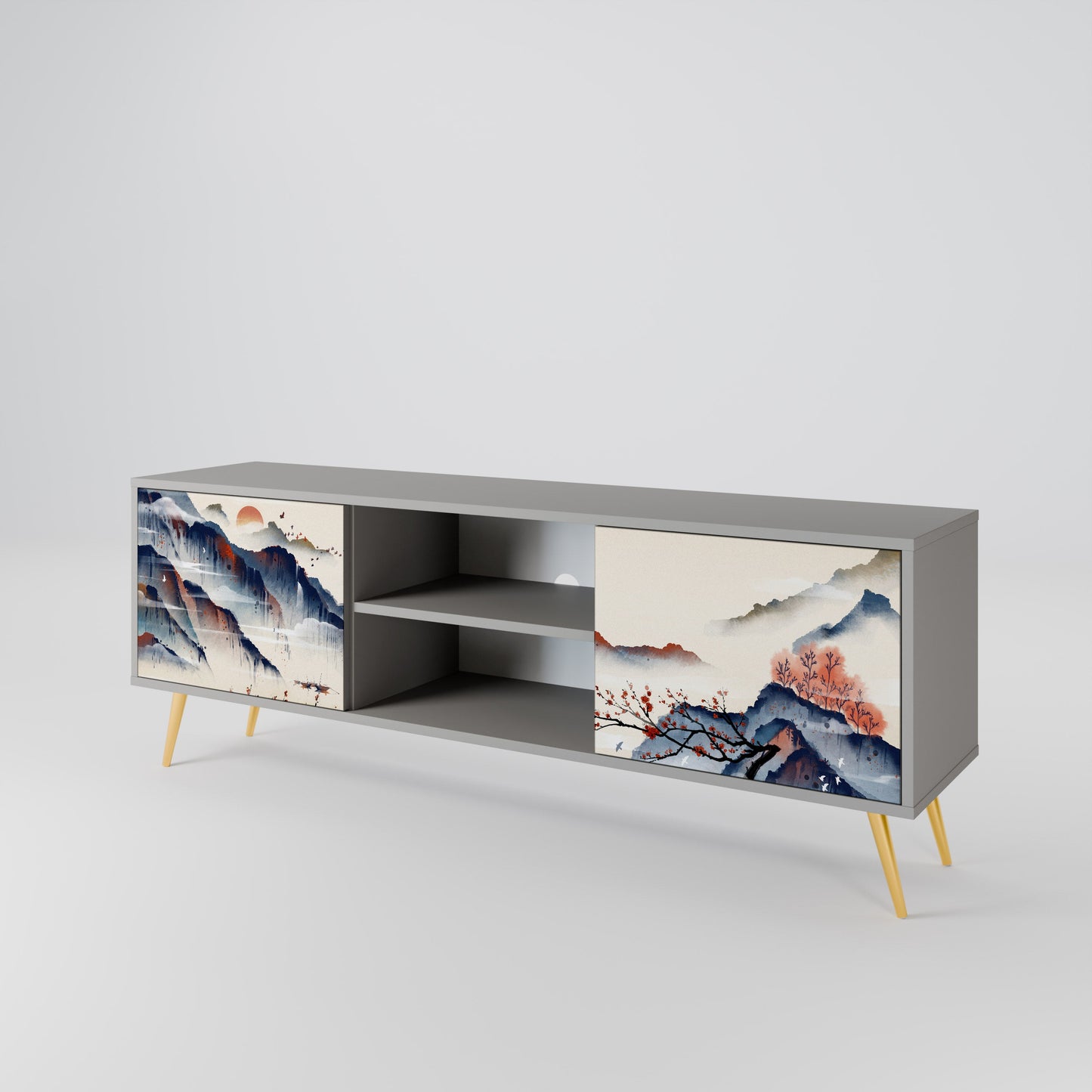 JAPANESE LANDSCAPE 2-Door TV Stand in Grey Finish