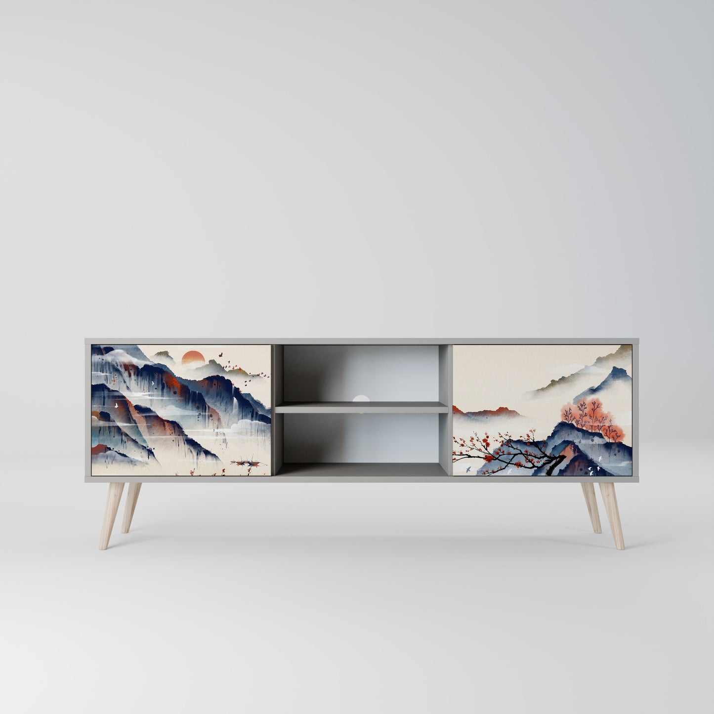 JAPANESE LANDSCAPE 2-Door TV Stand in Grey Finish