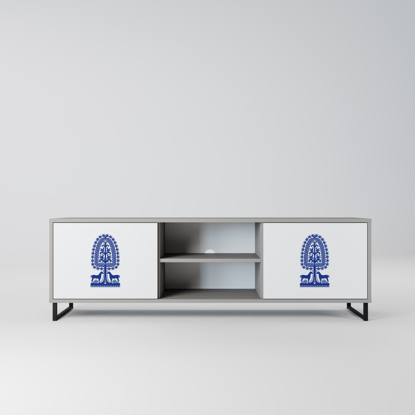 POLISH FOLK ART 2-Door TV Stand in Grey Finish