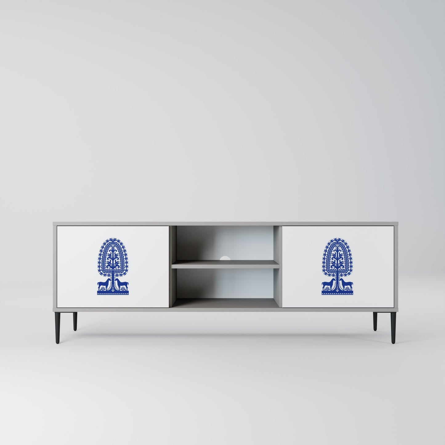POLISH FOLK ART 2-Door TV Stand in Grey Finish