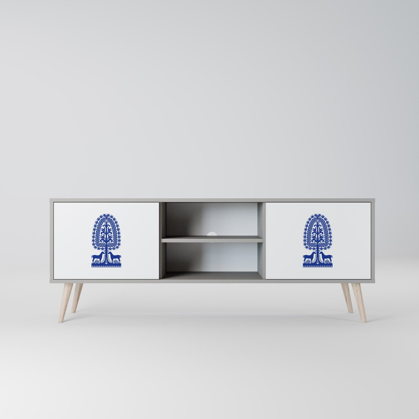 POLISH FOLK ART 2-Door TV Stand in Grey Finish