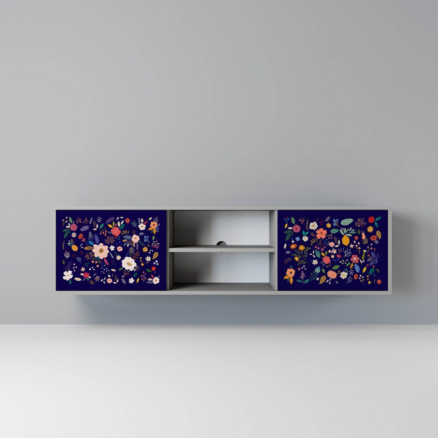 FLORAL COMBINATION 2-Door TV Stand in Grey Finish