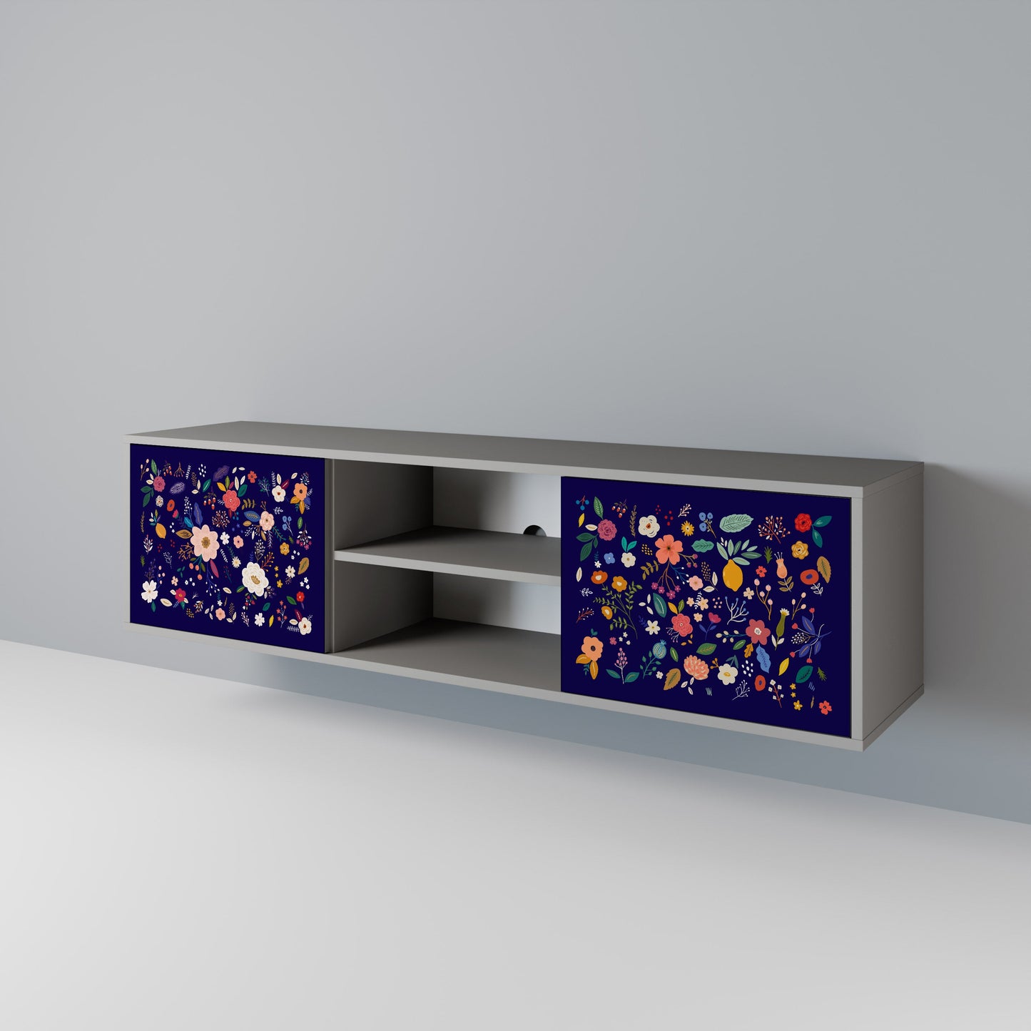FLORAL COMBINATION 2-Door TV Stand in Grey Finish