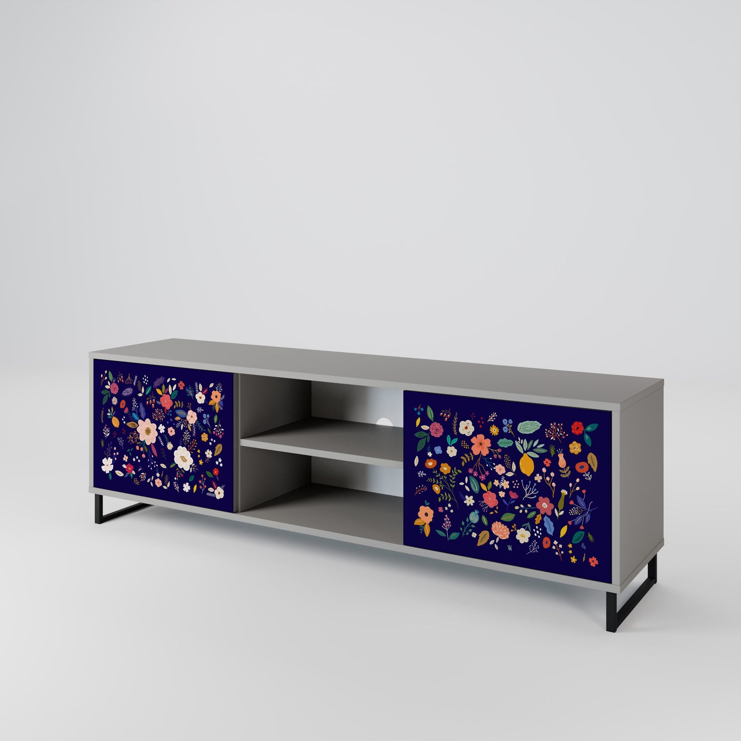 FLORAL COMBINATION 2-Door TV Stand in Grey Finish