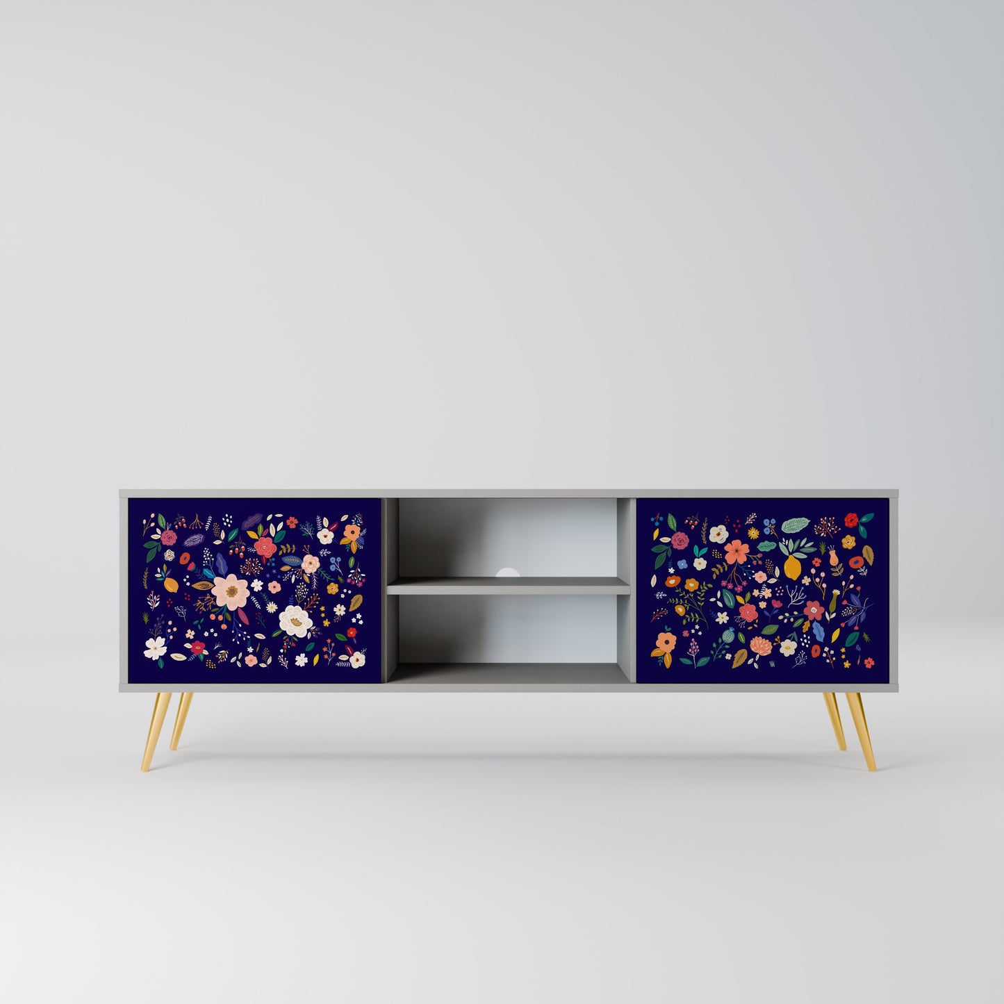 FLORAL COMBINATION 2-Door TV Stand in Grey Finish