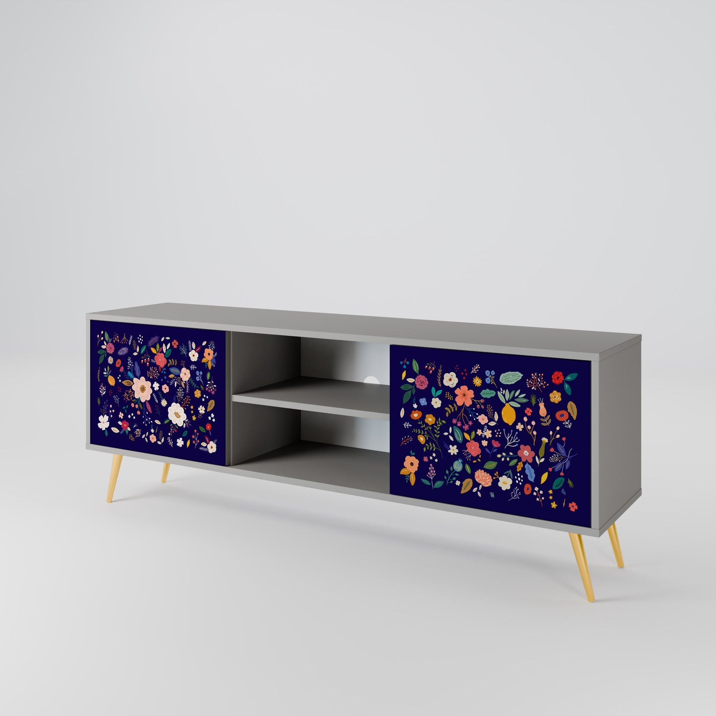 FLORAL COMBINATION 2-Door TV Stand in Grey Finish