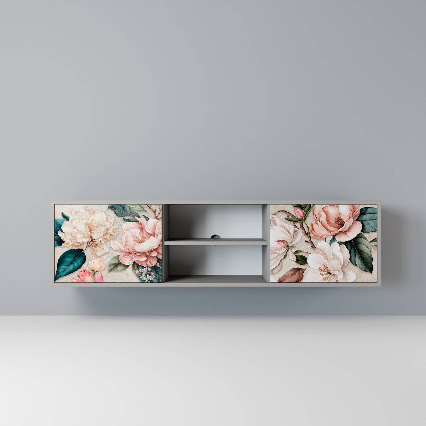 FLORAL GRACE 2-Door TV Stand in Grey Finish