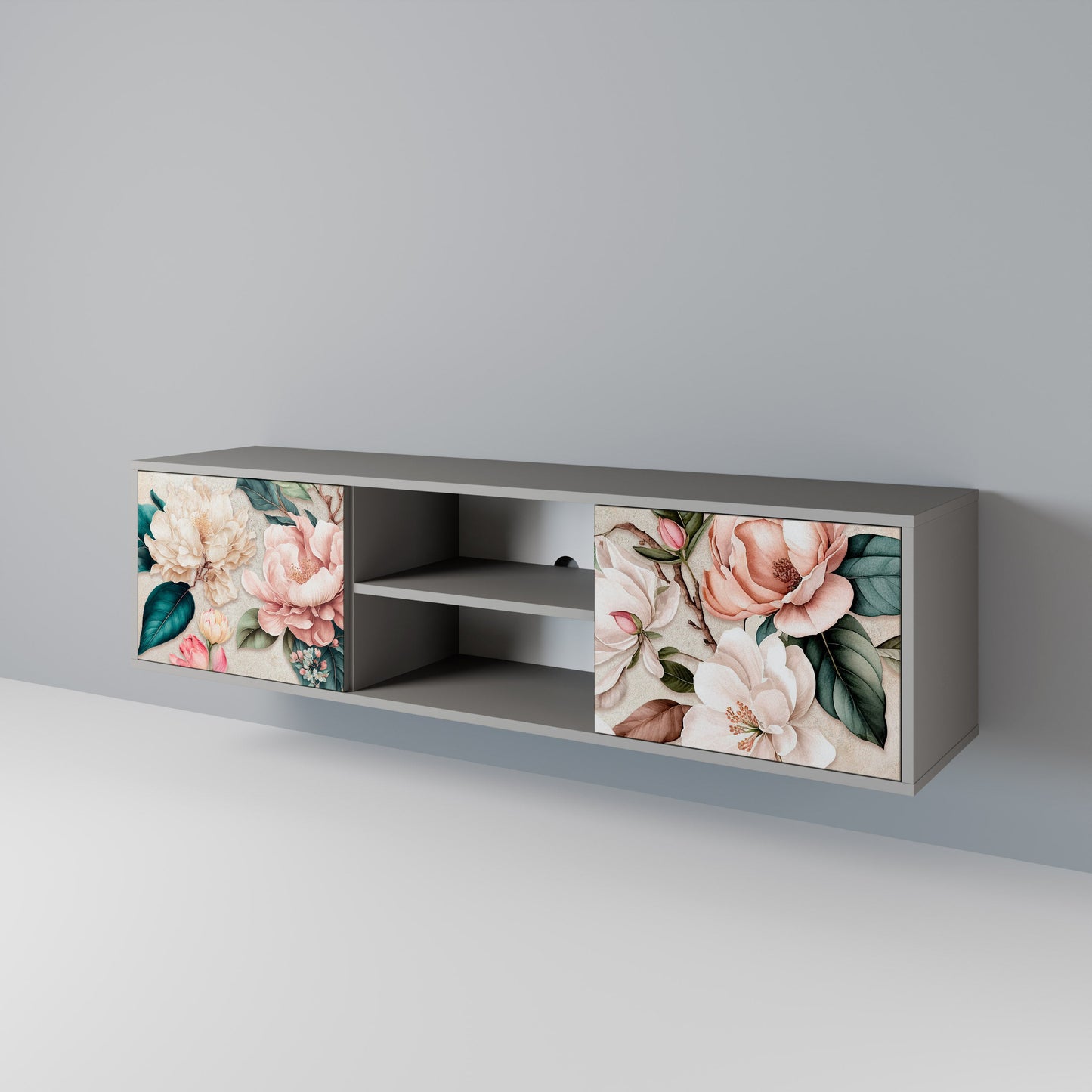 FLORAL GRACE 2-Door TV Stand in Grey Finish