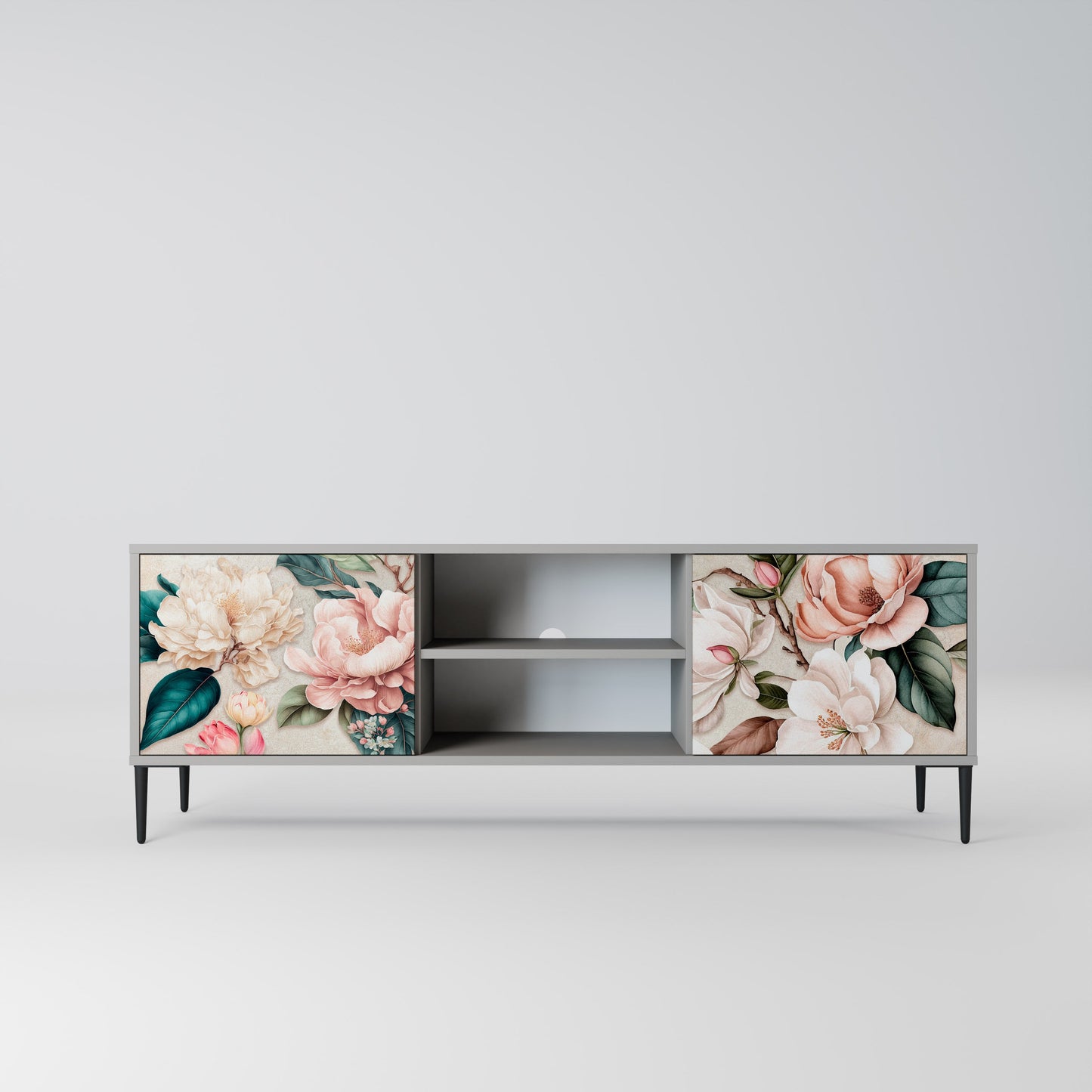 FLORAL GRACE 2-Door TV Stand in Grey Finish
