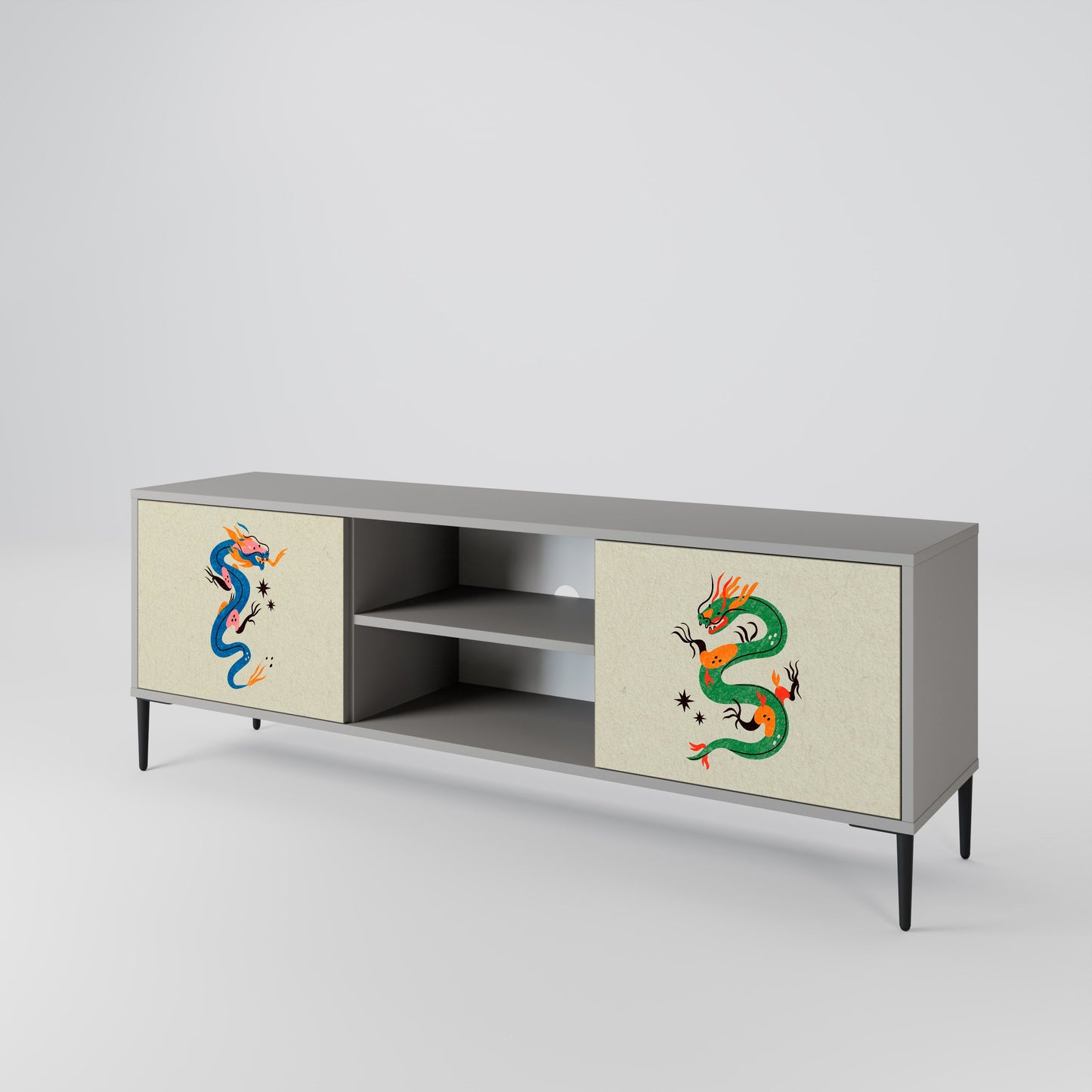 MYTHOLOGICAL CREATURES 2-Door TV Stand in Grey Finish