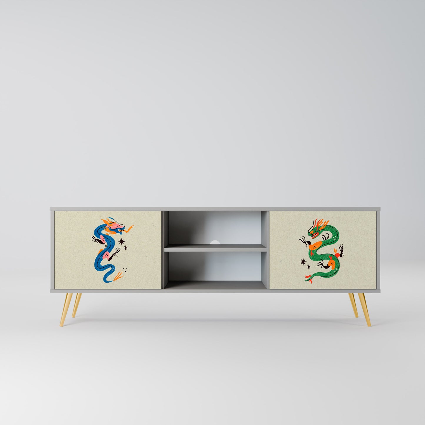 MYTHOLOGICAL CREATURES 2-Door TV Stand in Grey Finish