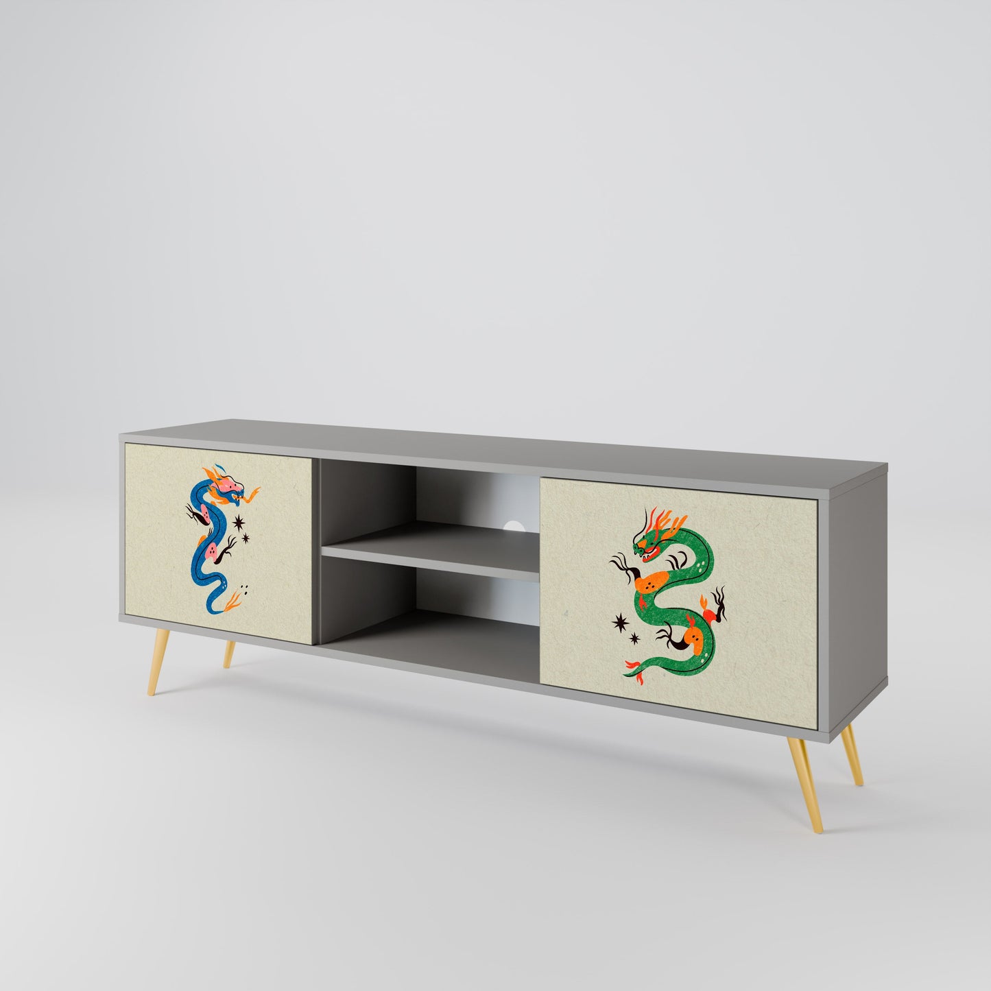 MYTHOLOGICAL CREATURES 2-Door TV Stand in Grey Finish