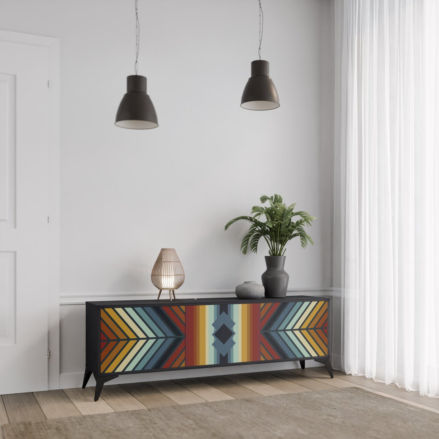 INDIGENOUS ZIGZAG 3-Door TV Stand in Black Finish