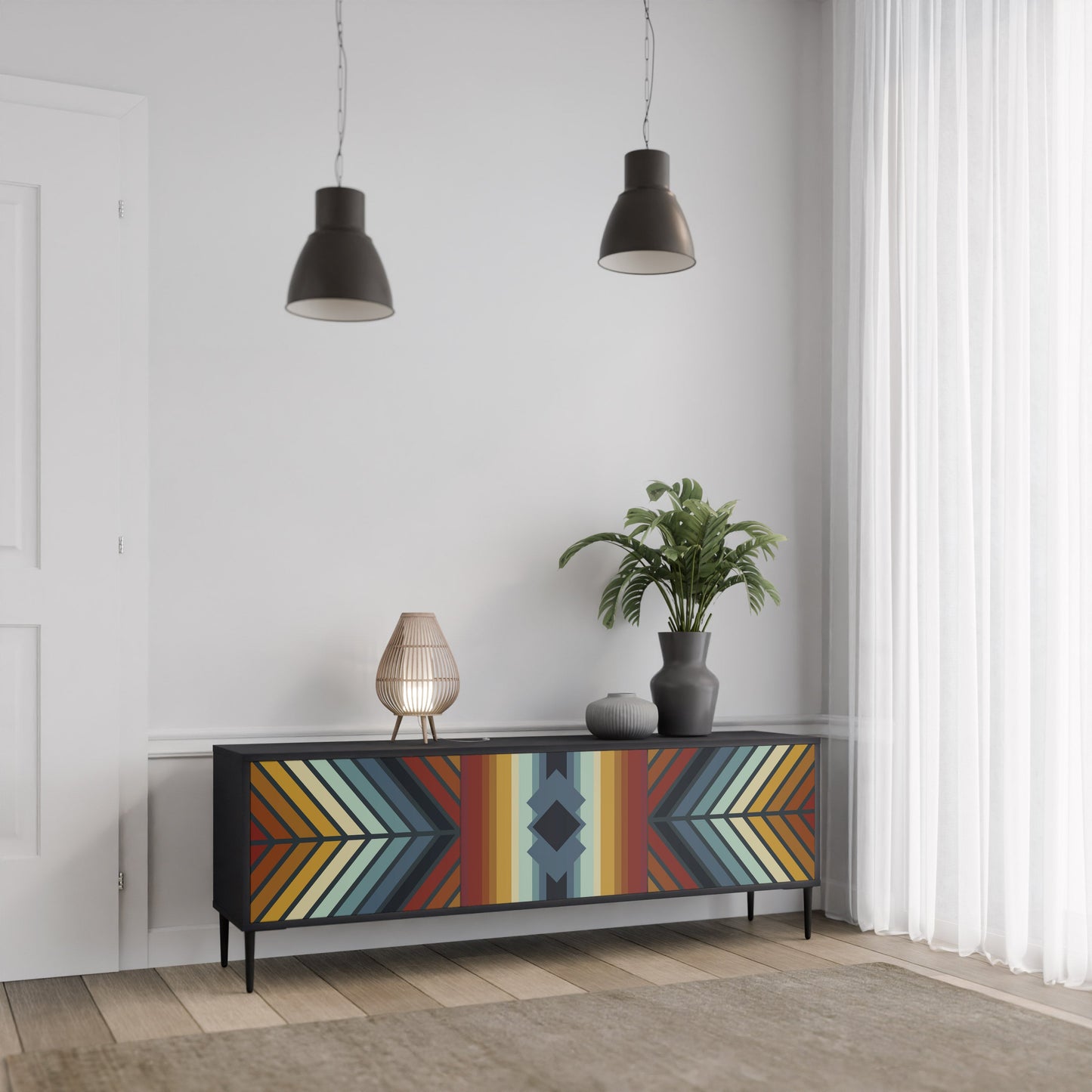 INDIGENOUS ZIGZAG 3-Door TV Stand in Black Finish