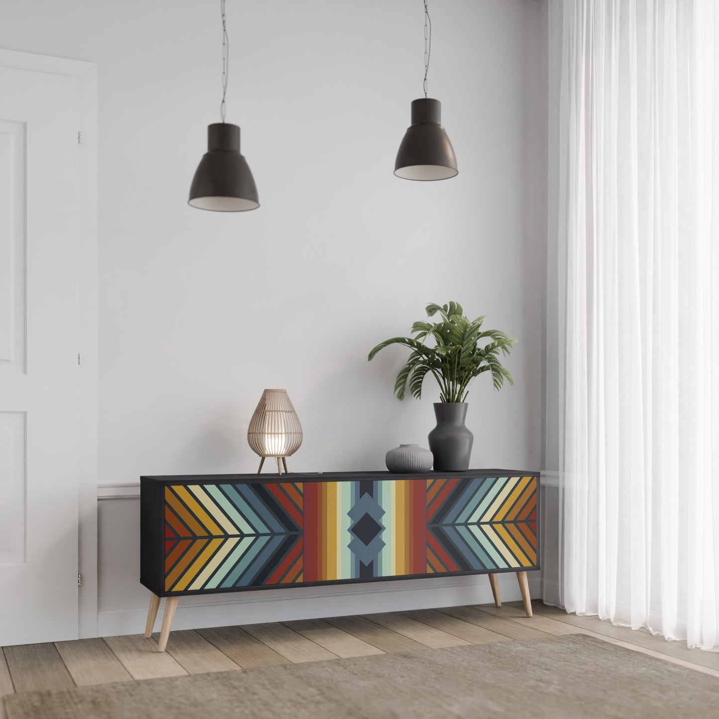 INDIGENOUS ZIGZAG 3-Door TV Stand in Black Finish
