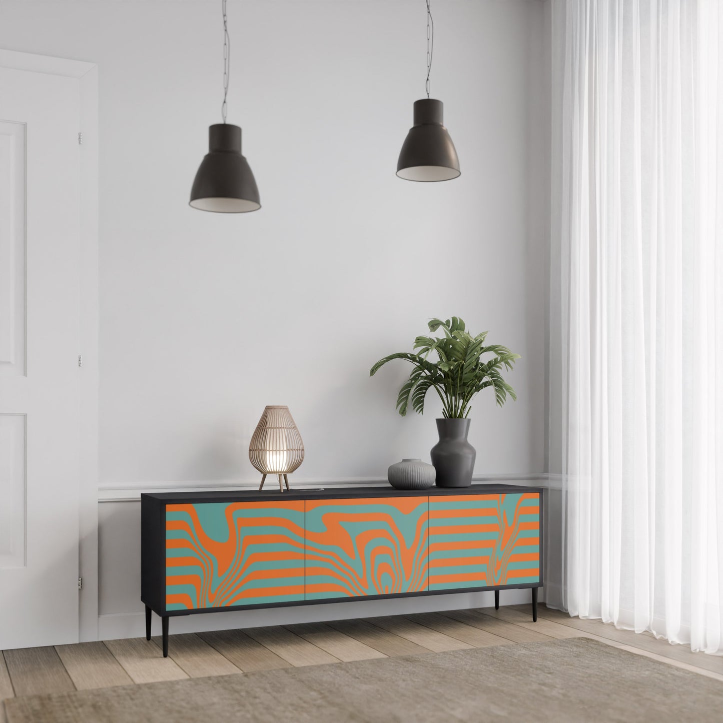 LINE COLLAPSE 3-Door TV Stand in Black Finish