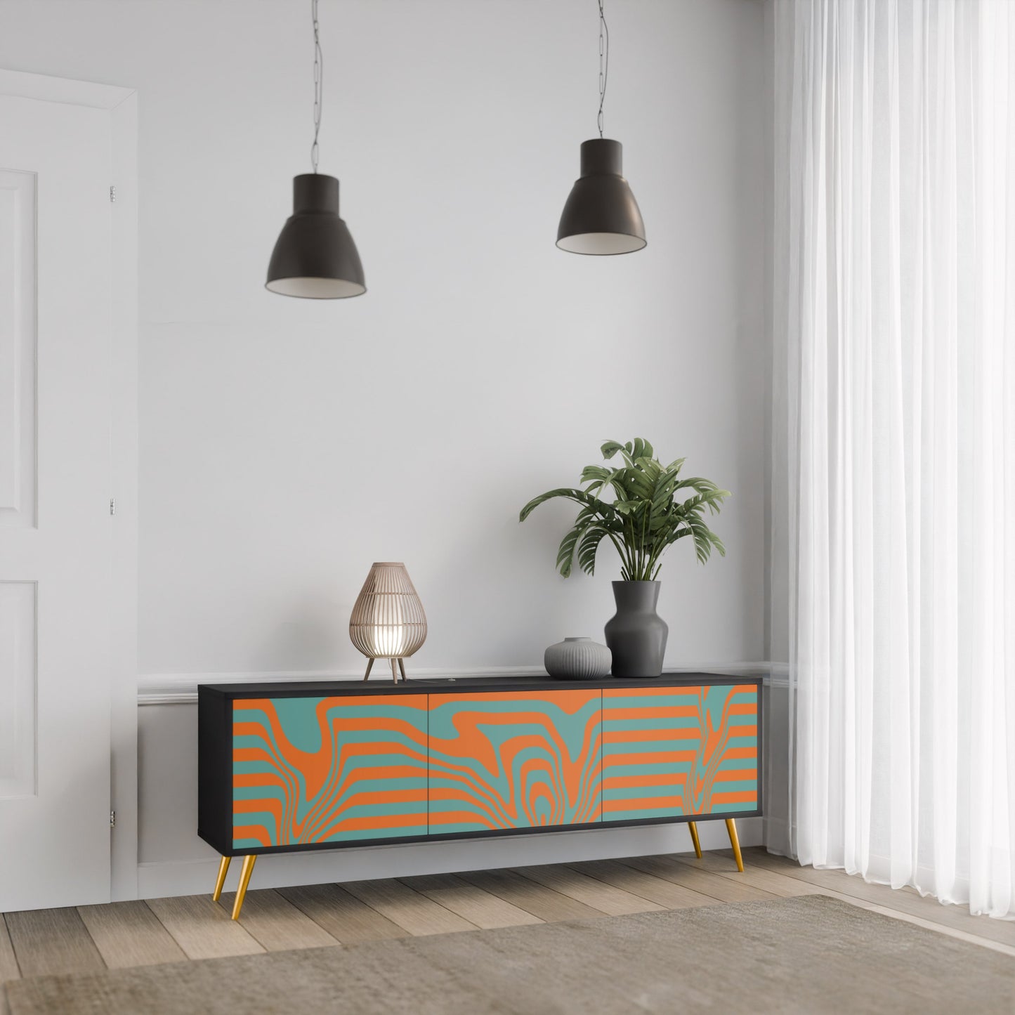 LINE COLLAPSE 3-Door TV Stand in Black Finish