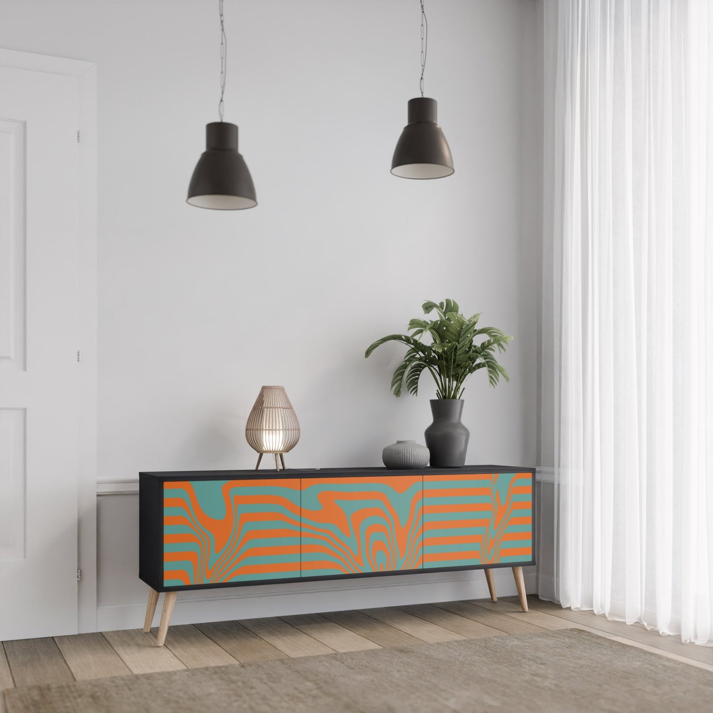 LINE COLLAPSE 3-Door TV Stand in Black Finish