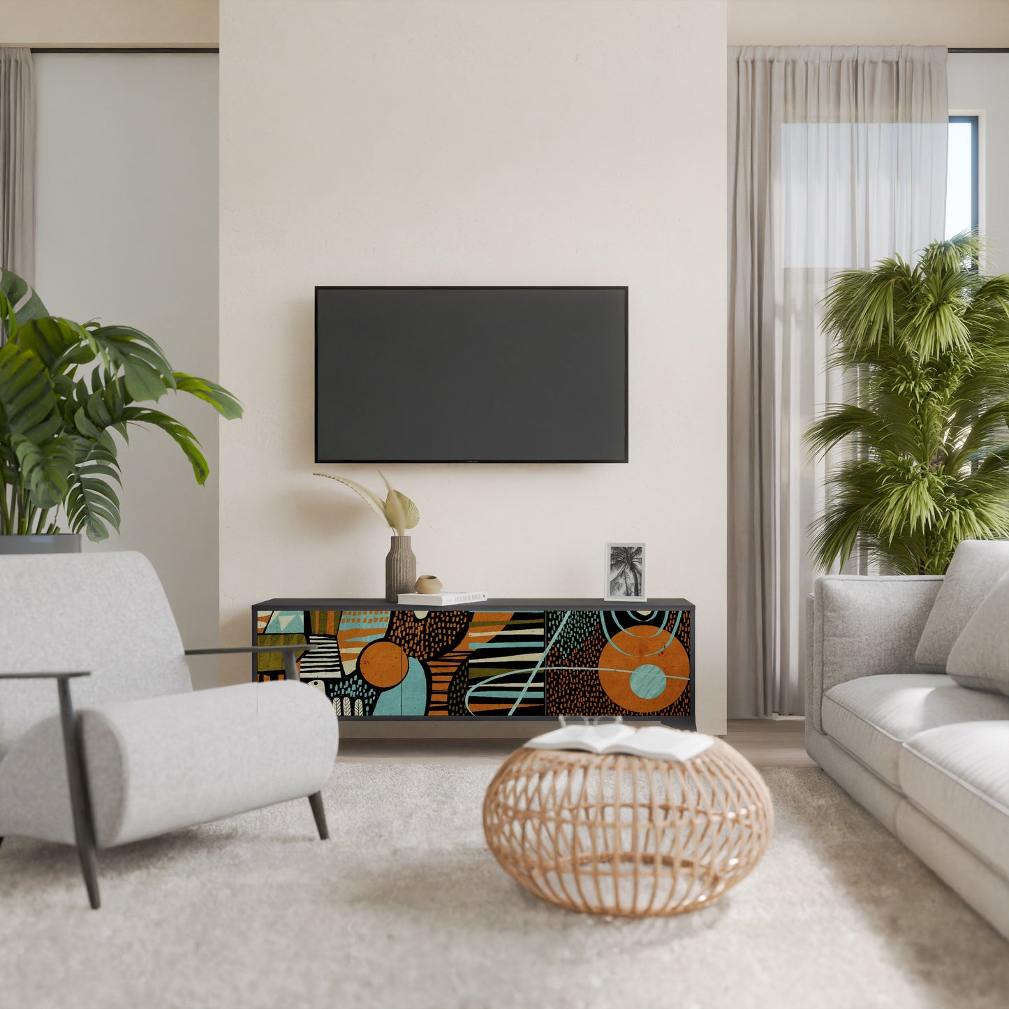 GEODE GLIMMER 3-Door TV Stand in Black Finish