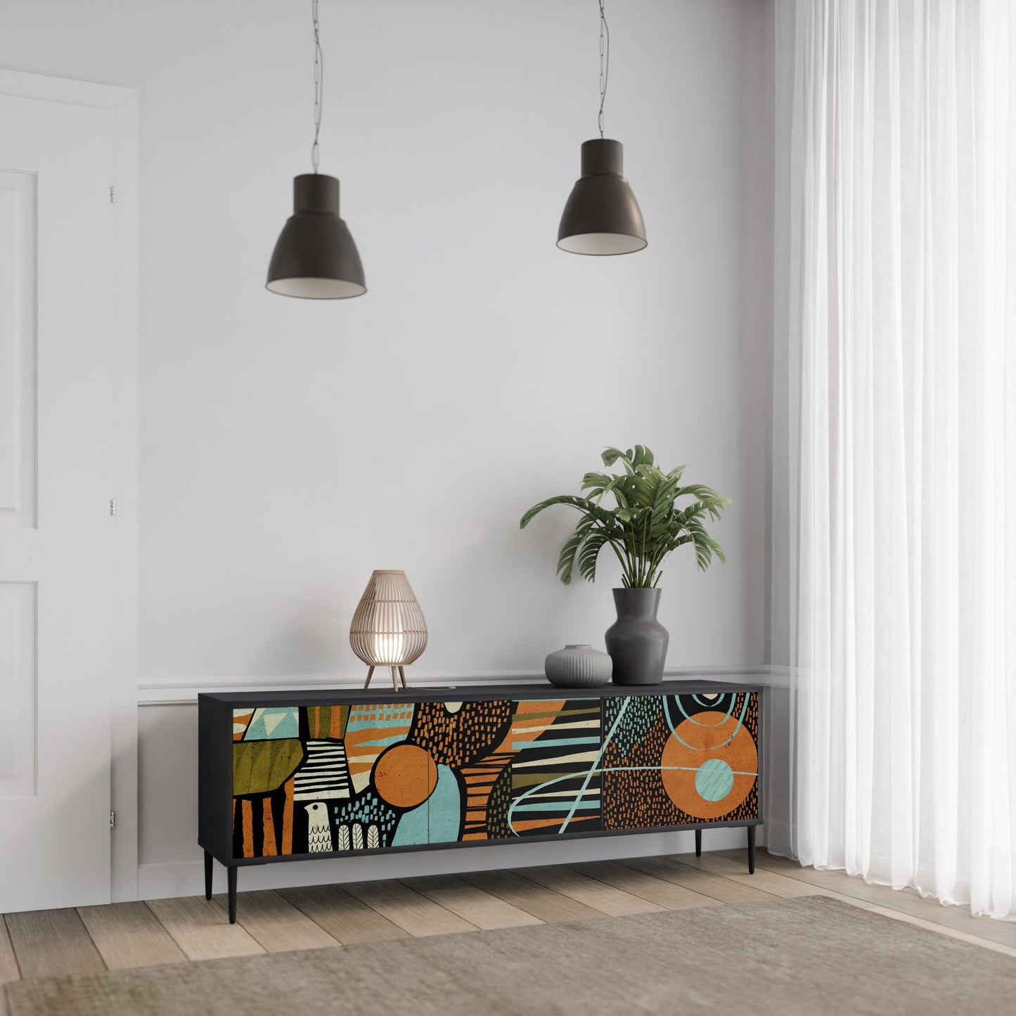 GEODE GLIMMER 3-Door TV Stand in Black Finish
