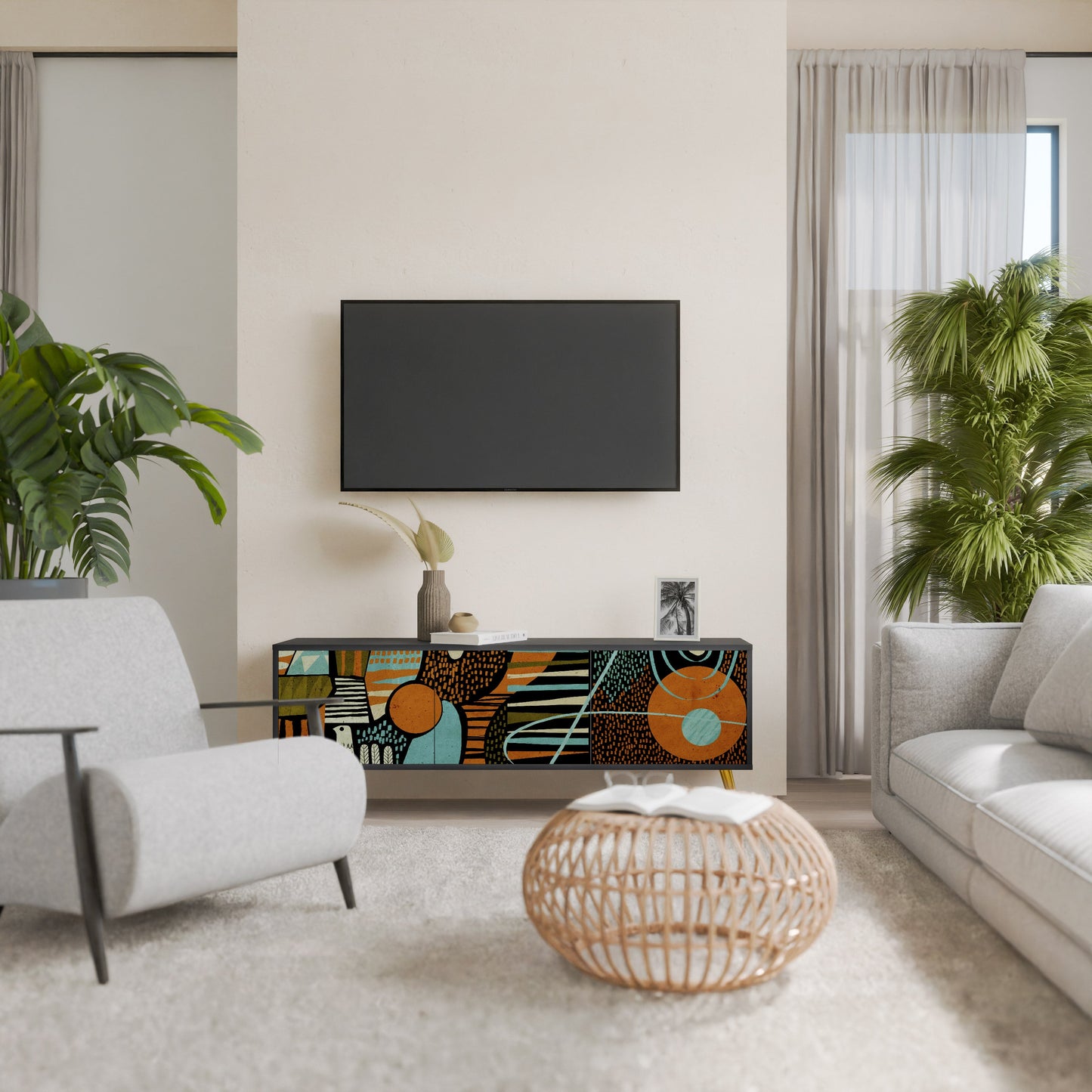 GEODE GLIMMER 3-Door TV Stand in Black Finish