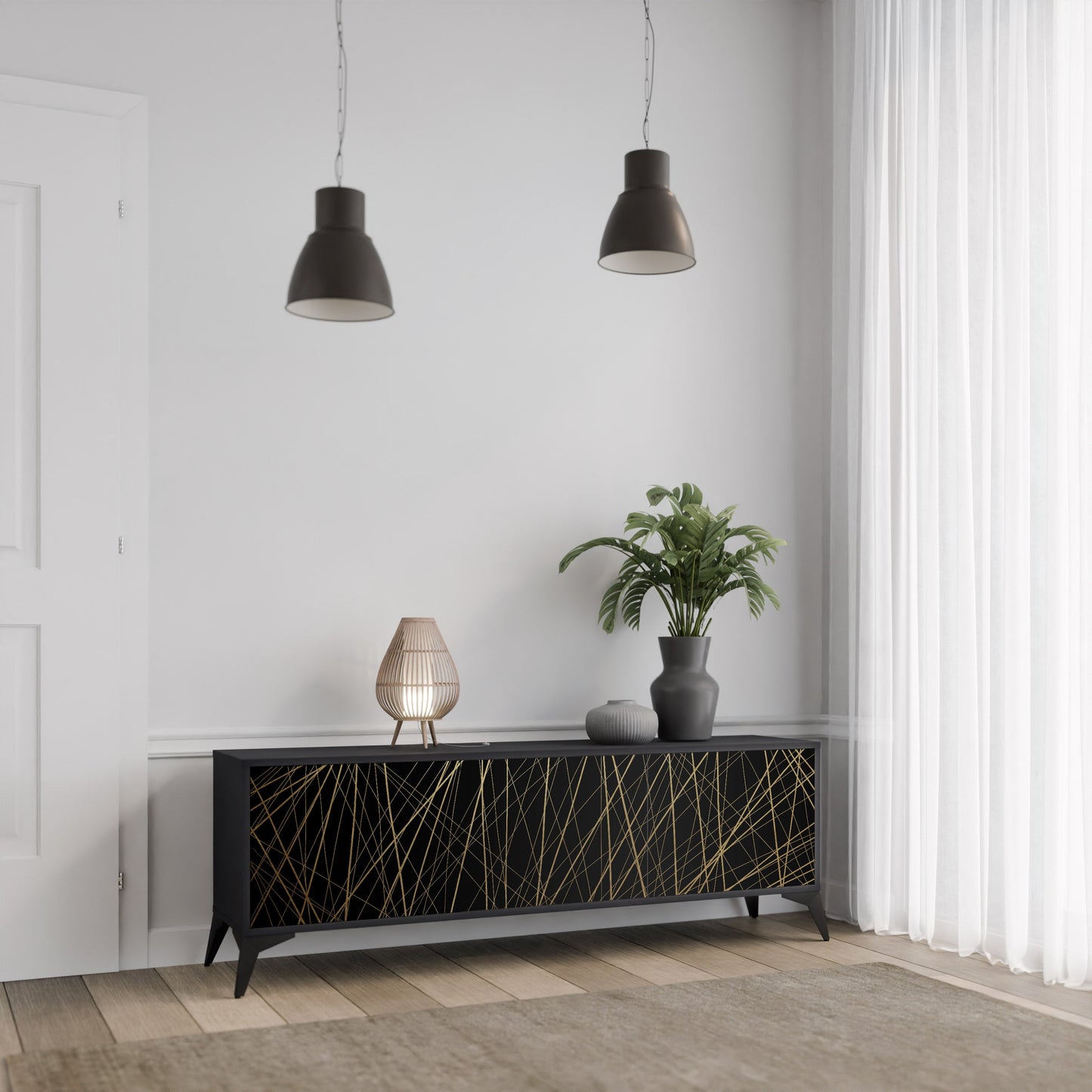 BRIGHT MESH 3-Door TV Stand in Black Finish