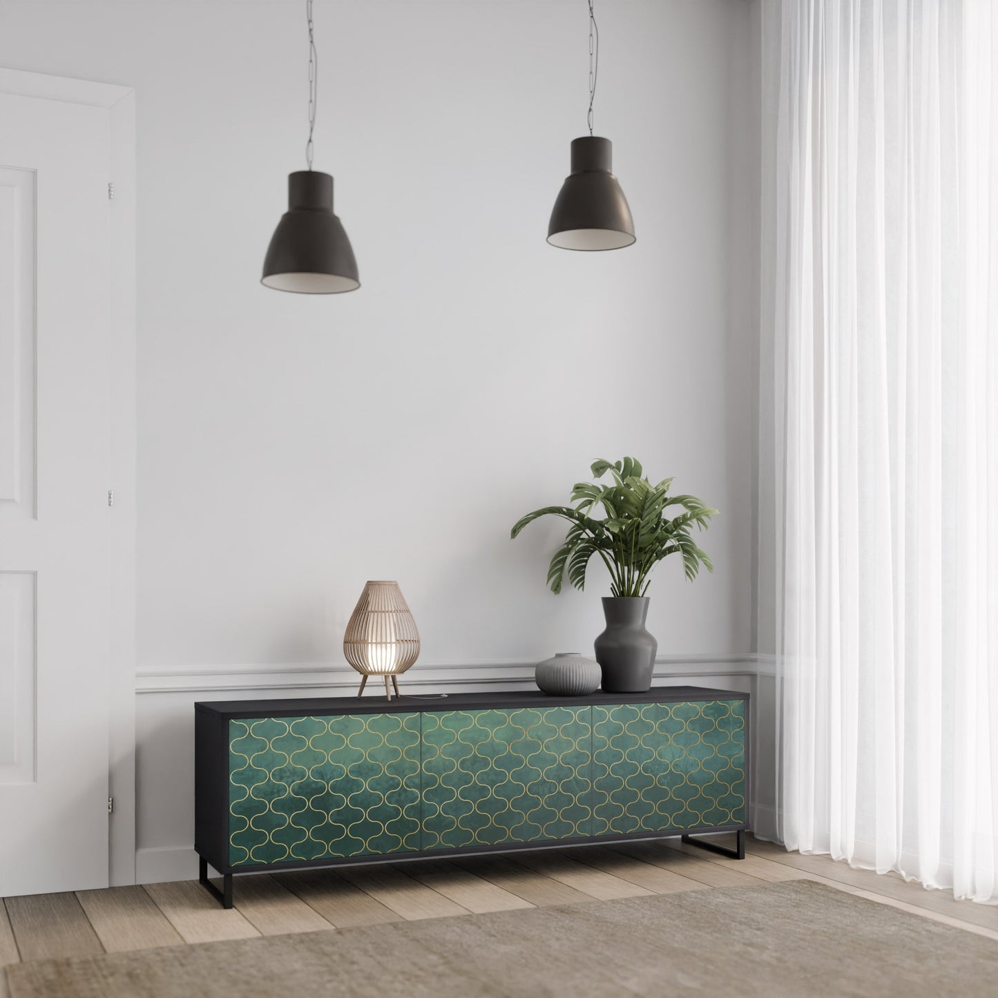 Mobile TV TESSELATED GREENERY a 3 ante con finitura nera