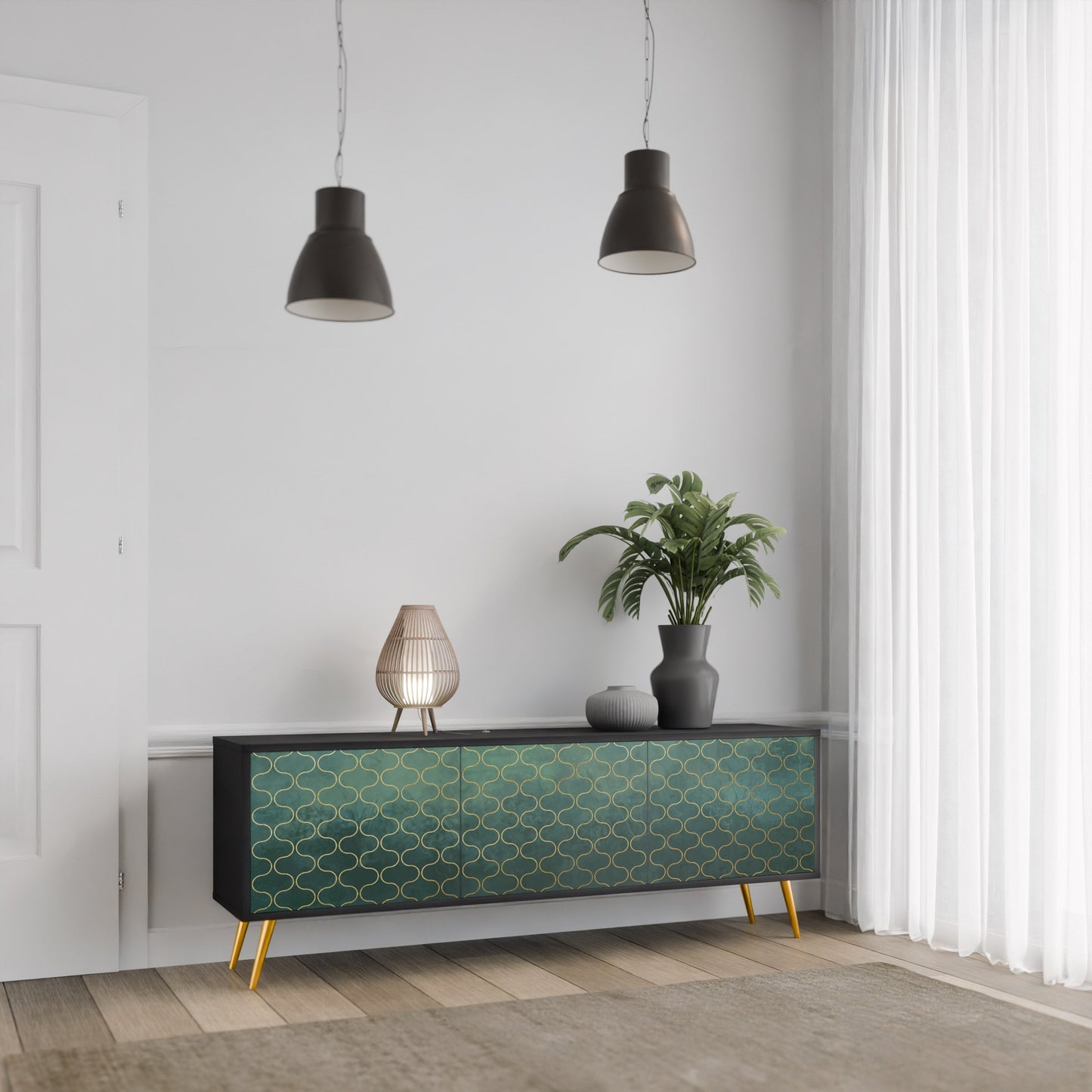 Mobile TV TESSELATED GREENERY a 3 ante con finitura nera