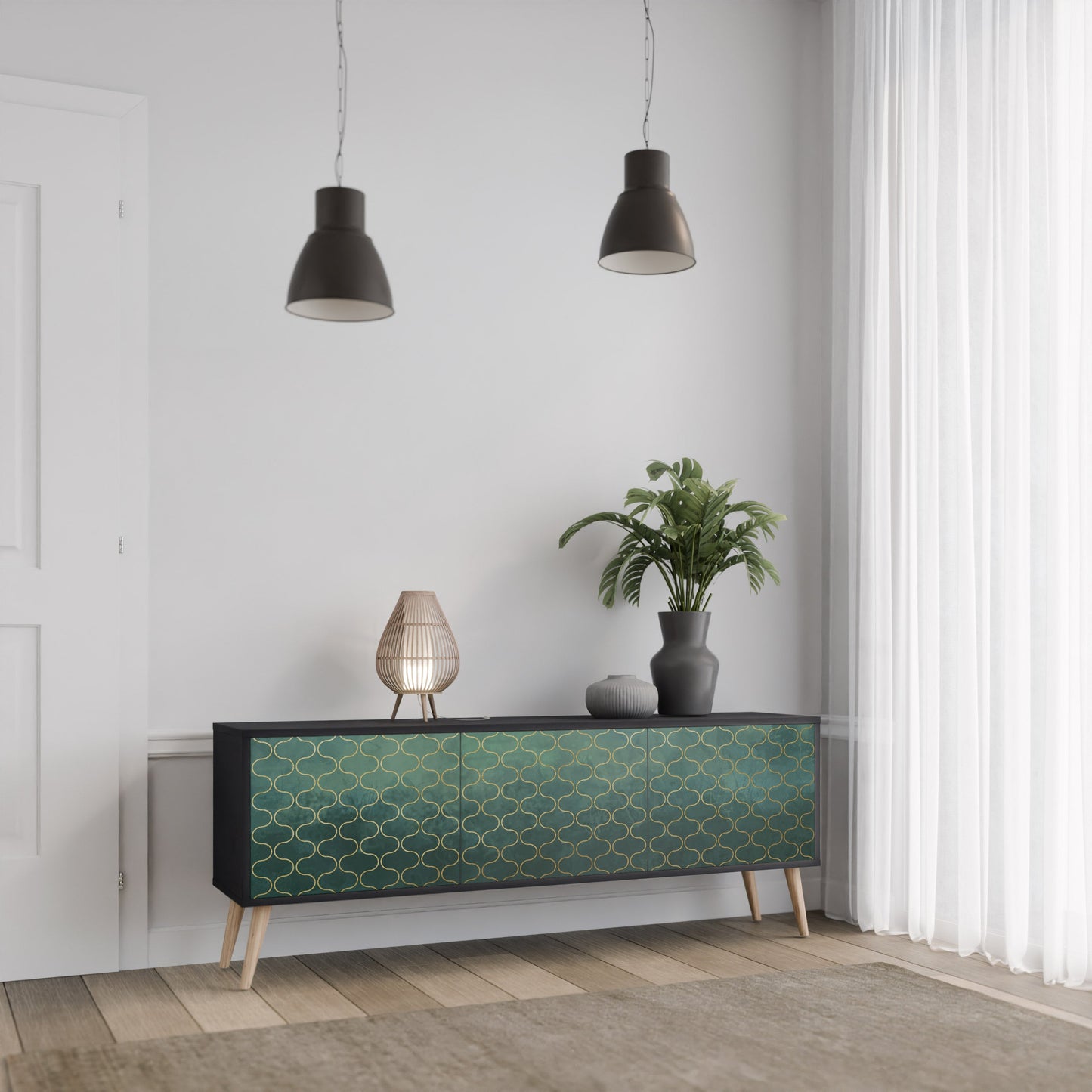 Mobile TV TESSELATED GREENERY a 3 ante con finitura nera