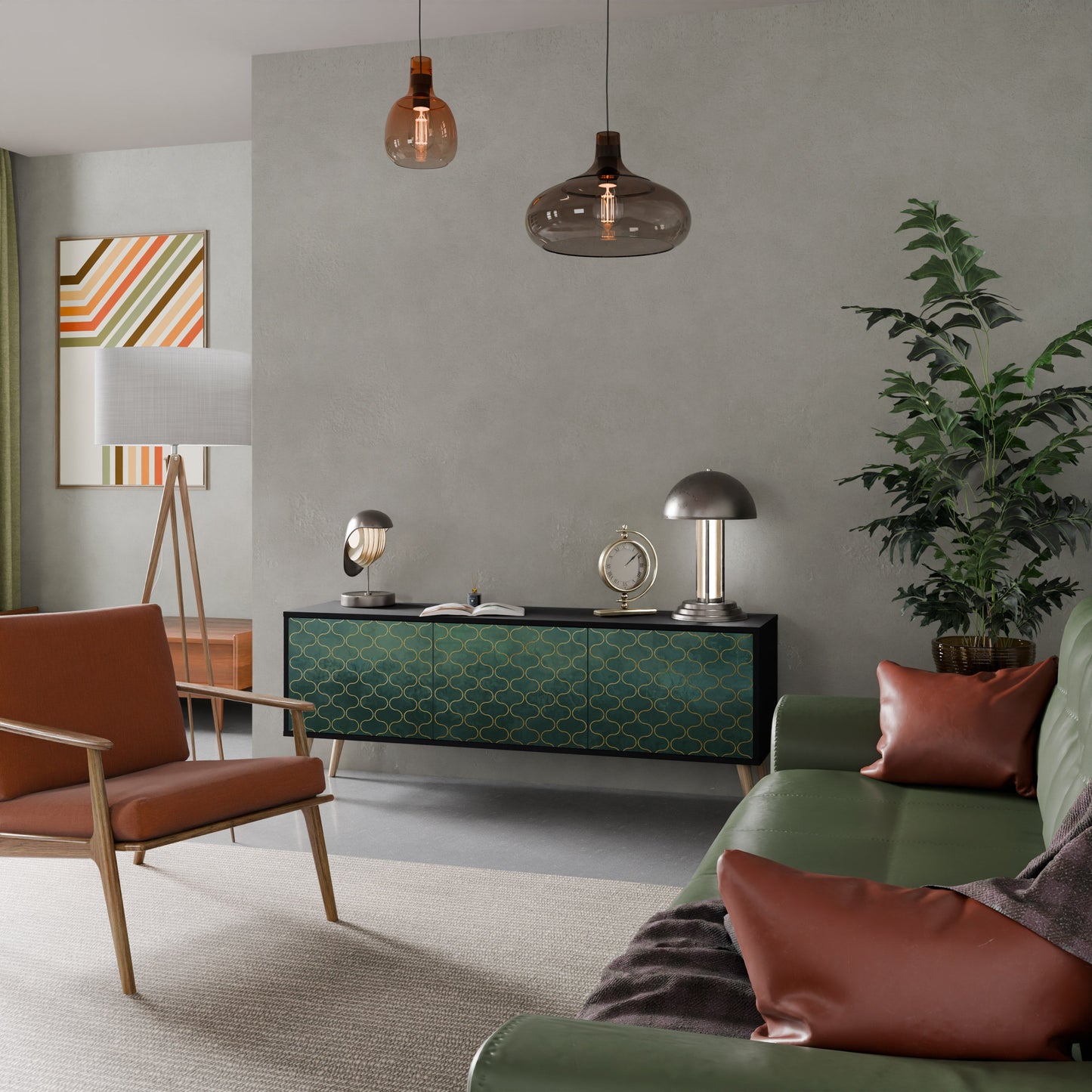 Mobile TV TESSELATED GREENERY a 3 ante con finitura nera