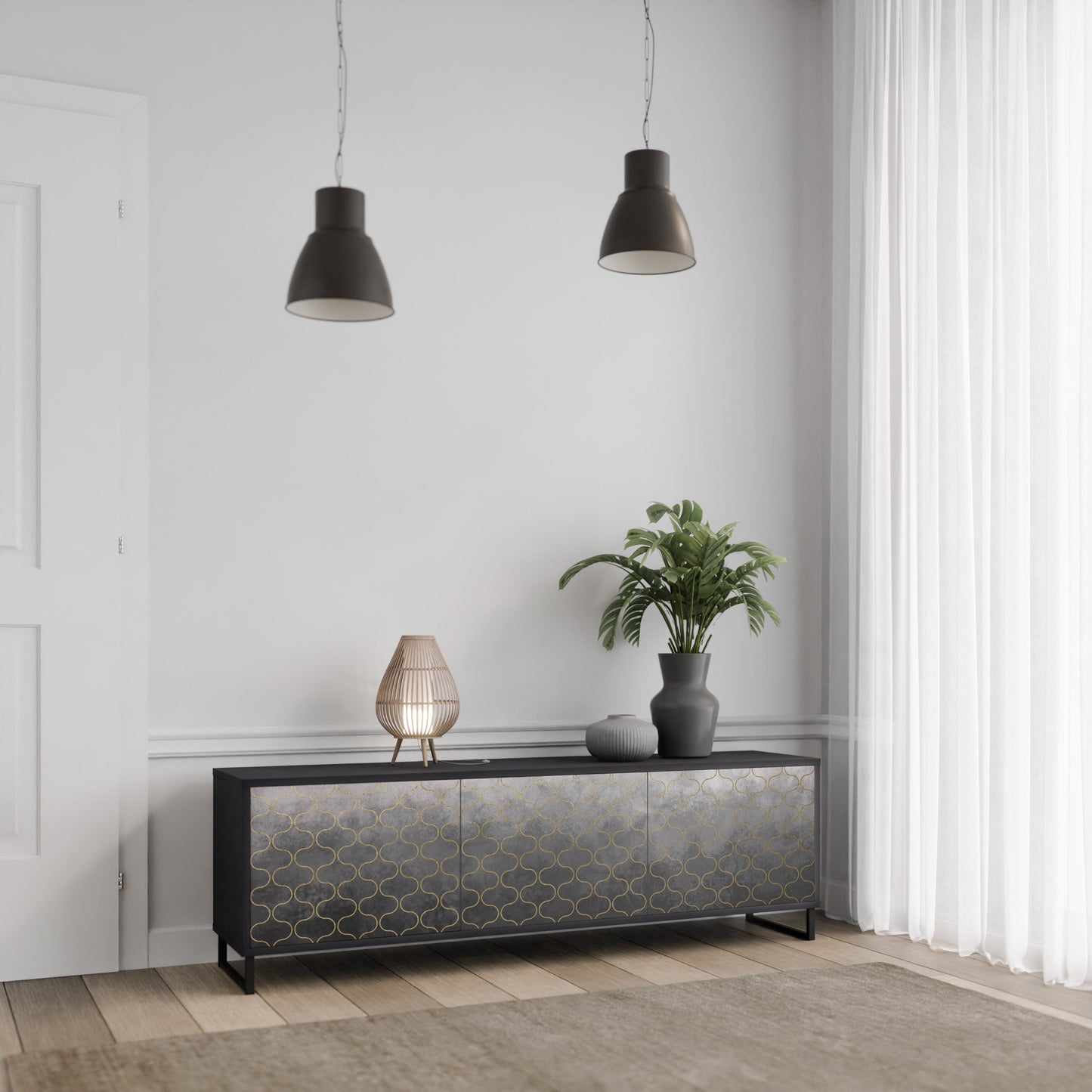 TESSELATED GRAYISH 3-Door TV Stand in Black Finish
