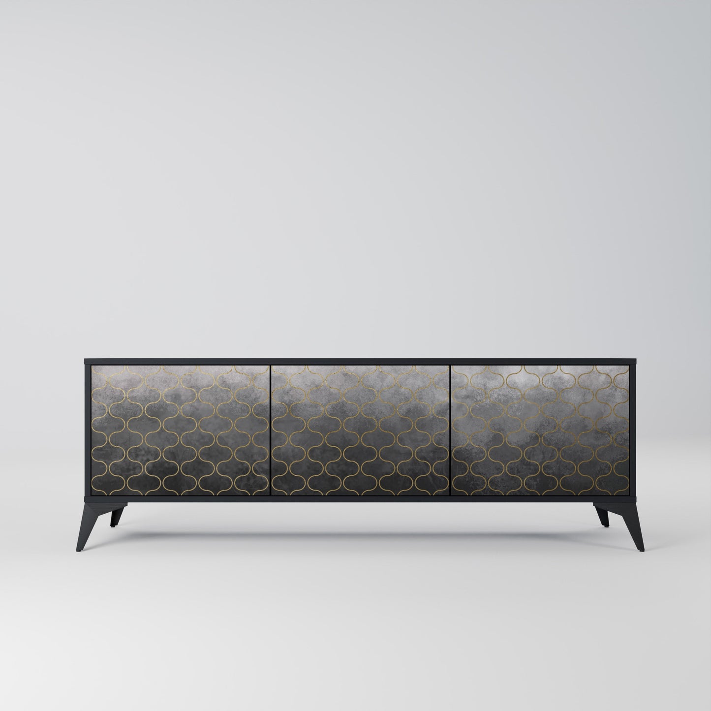 TESSELATED GRAYISH 3-Door TV Stand in Black Finish