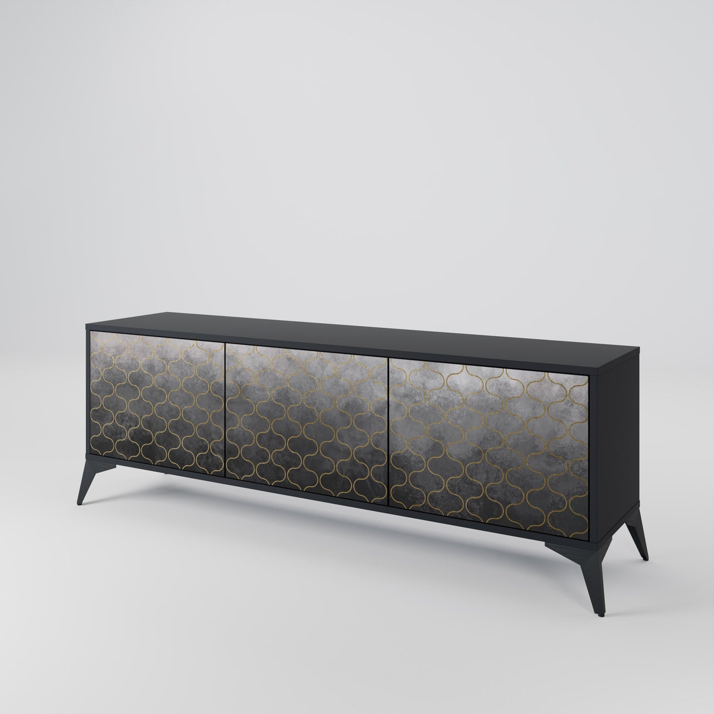 TESSELATED GRAYISH 3-Door TV Stand in Black Finish