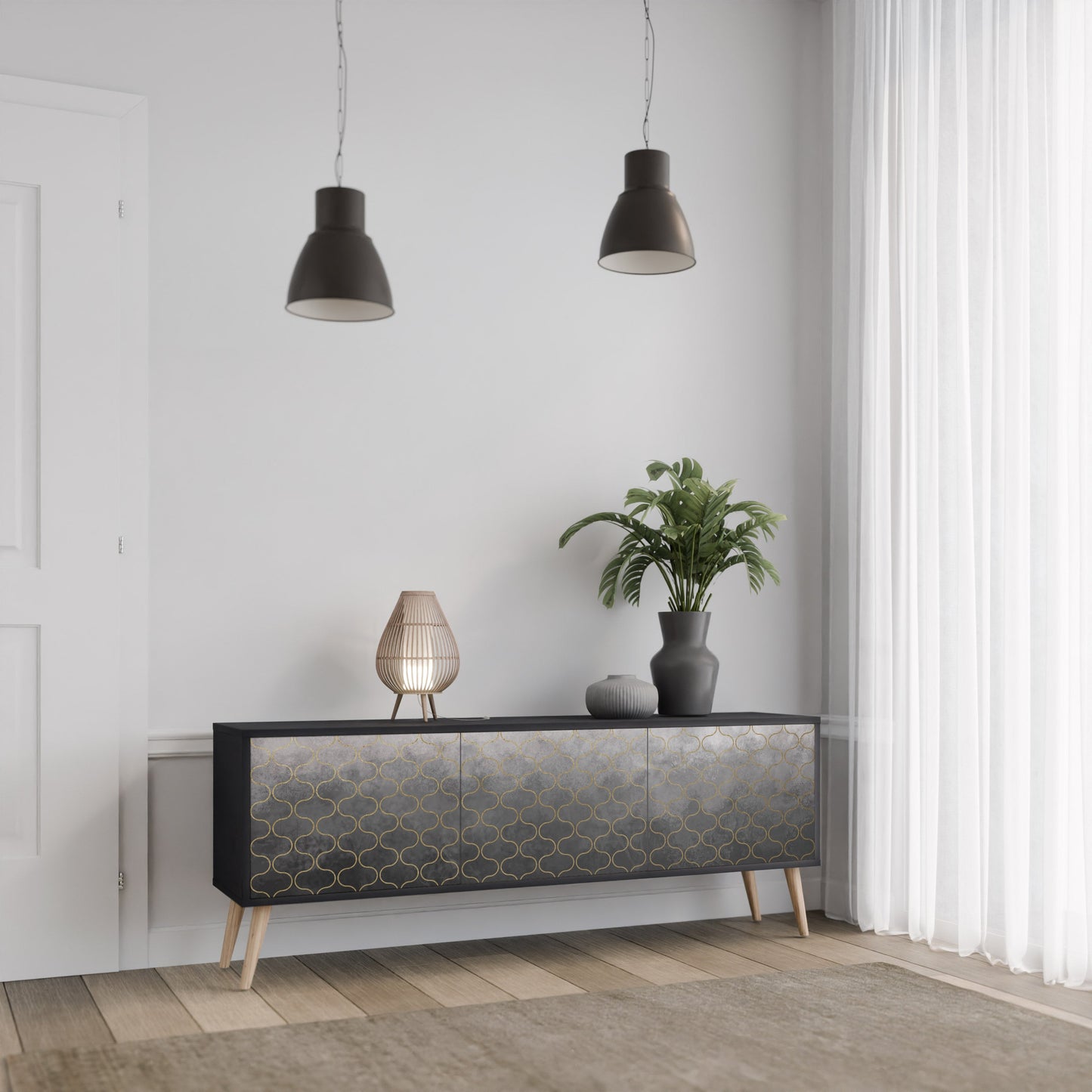 TESSELATED GRAYISH 3-Door TV Stand in Black Finish