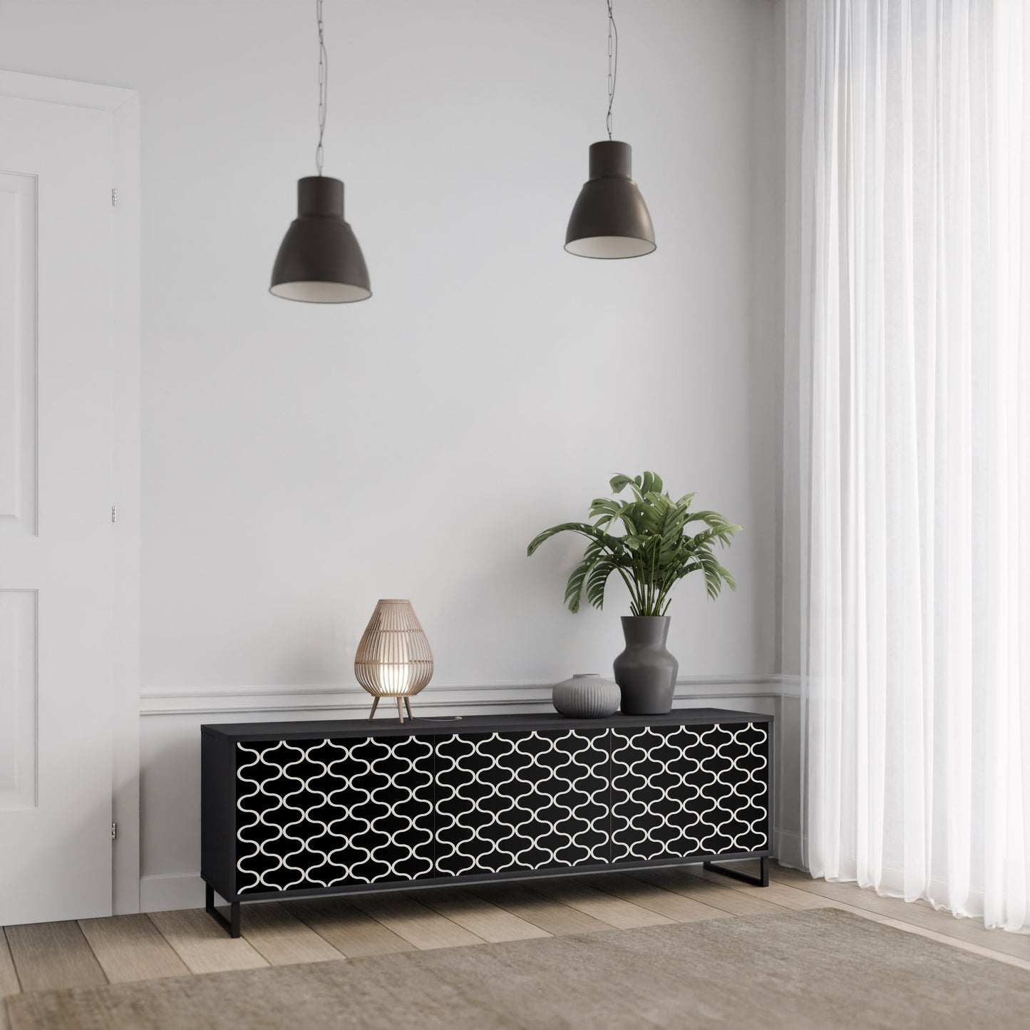 TESSELATED BLACKNESS 3-Door TV Stand in Black Finish