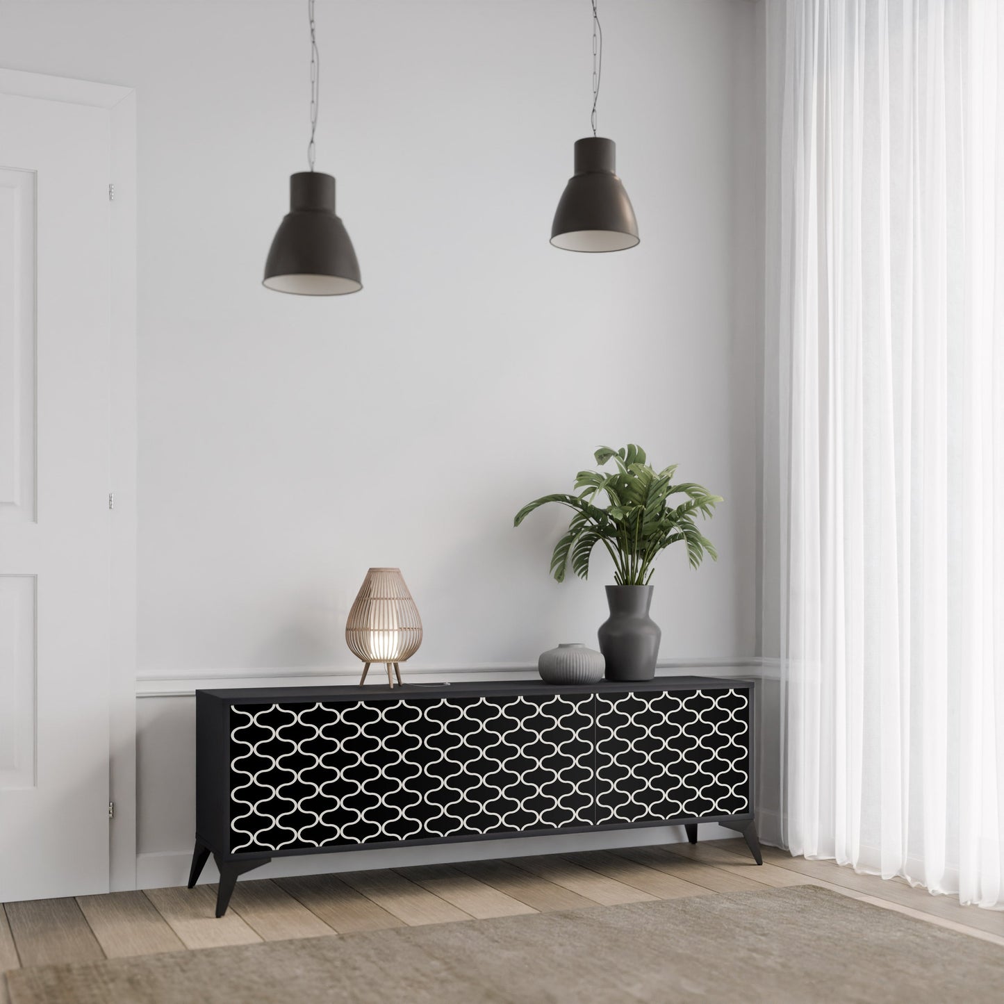 TESSELATED BLACKNESS 3-Door TV Stand in Black Finish