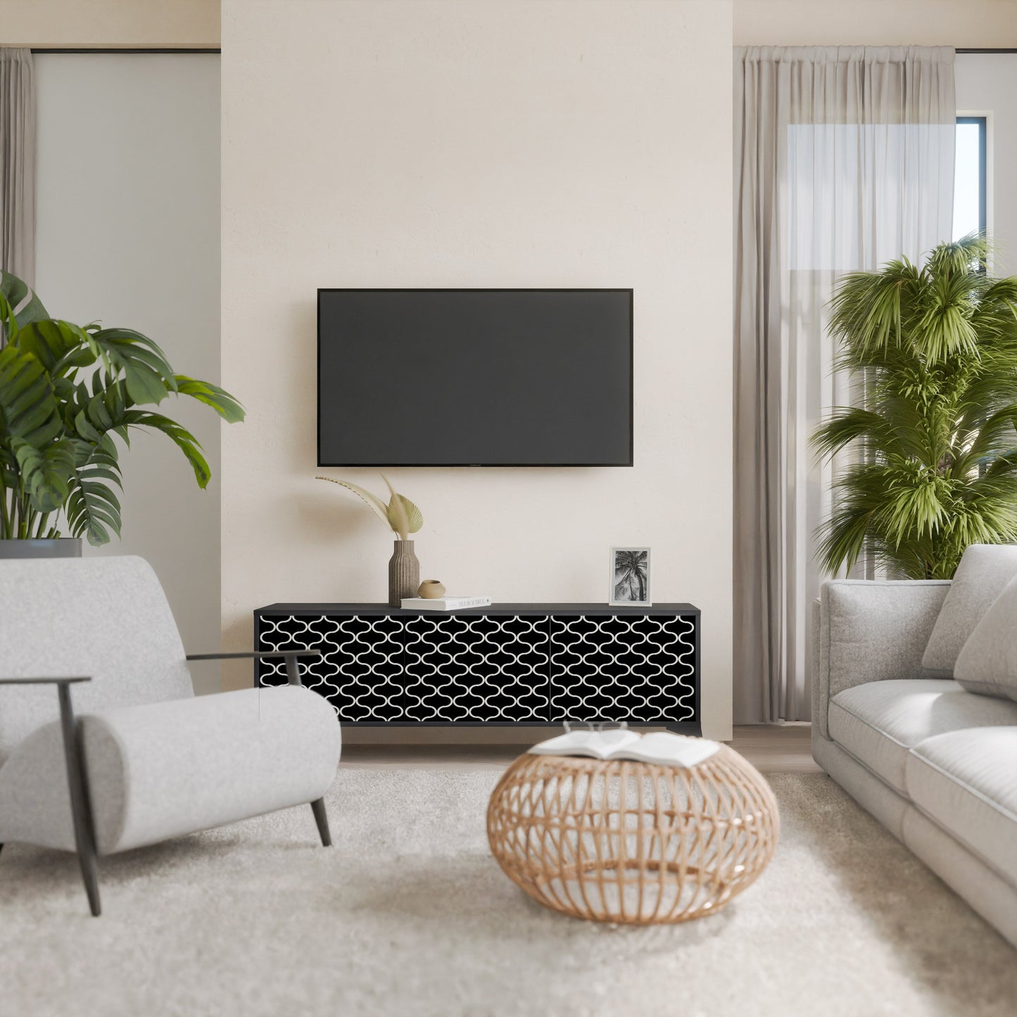 TESSELATED BLACKNESS 3-Door TV Stand in Black Finish