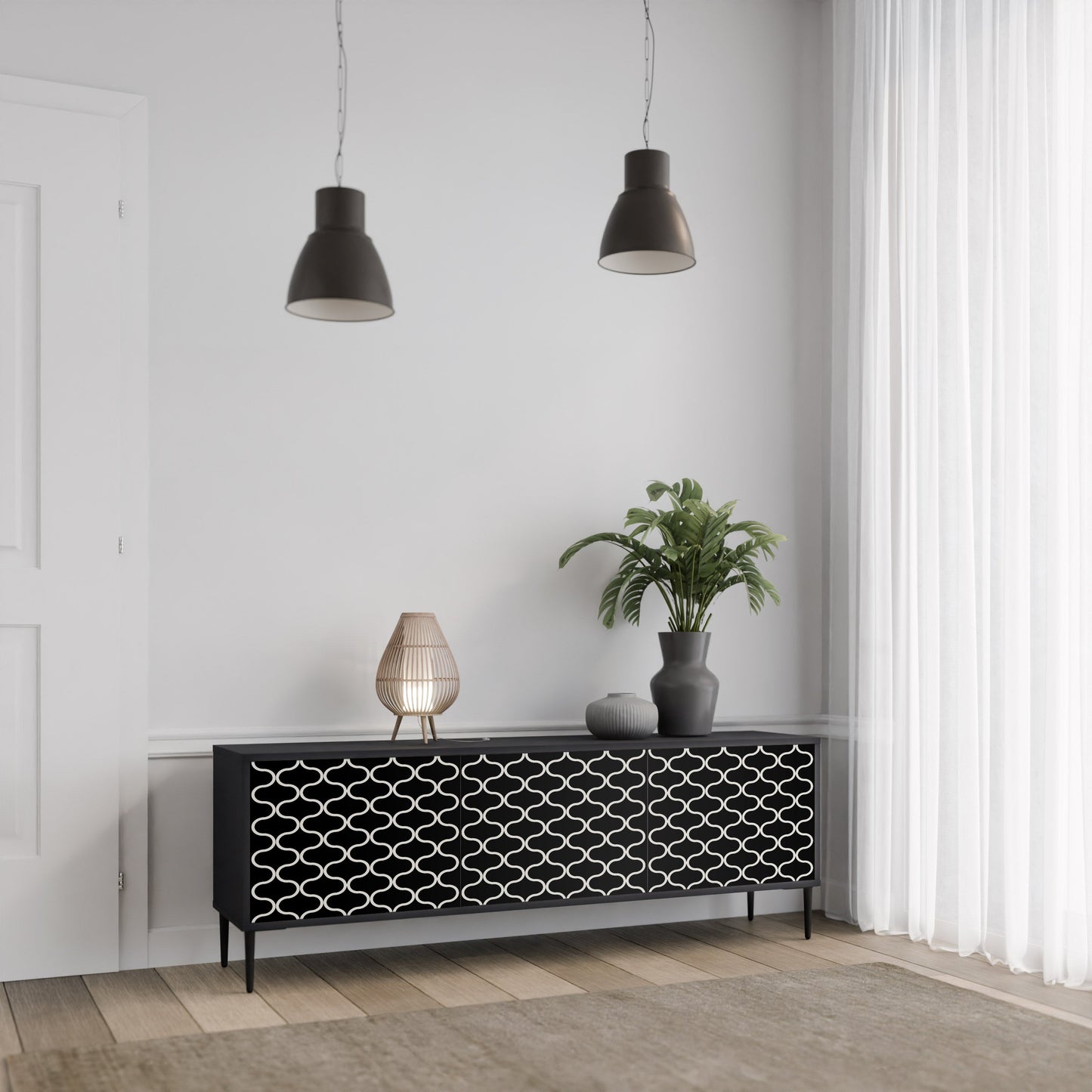 TESSELATED BLACKNESS 3-Door TV Stand in Black Finish