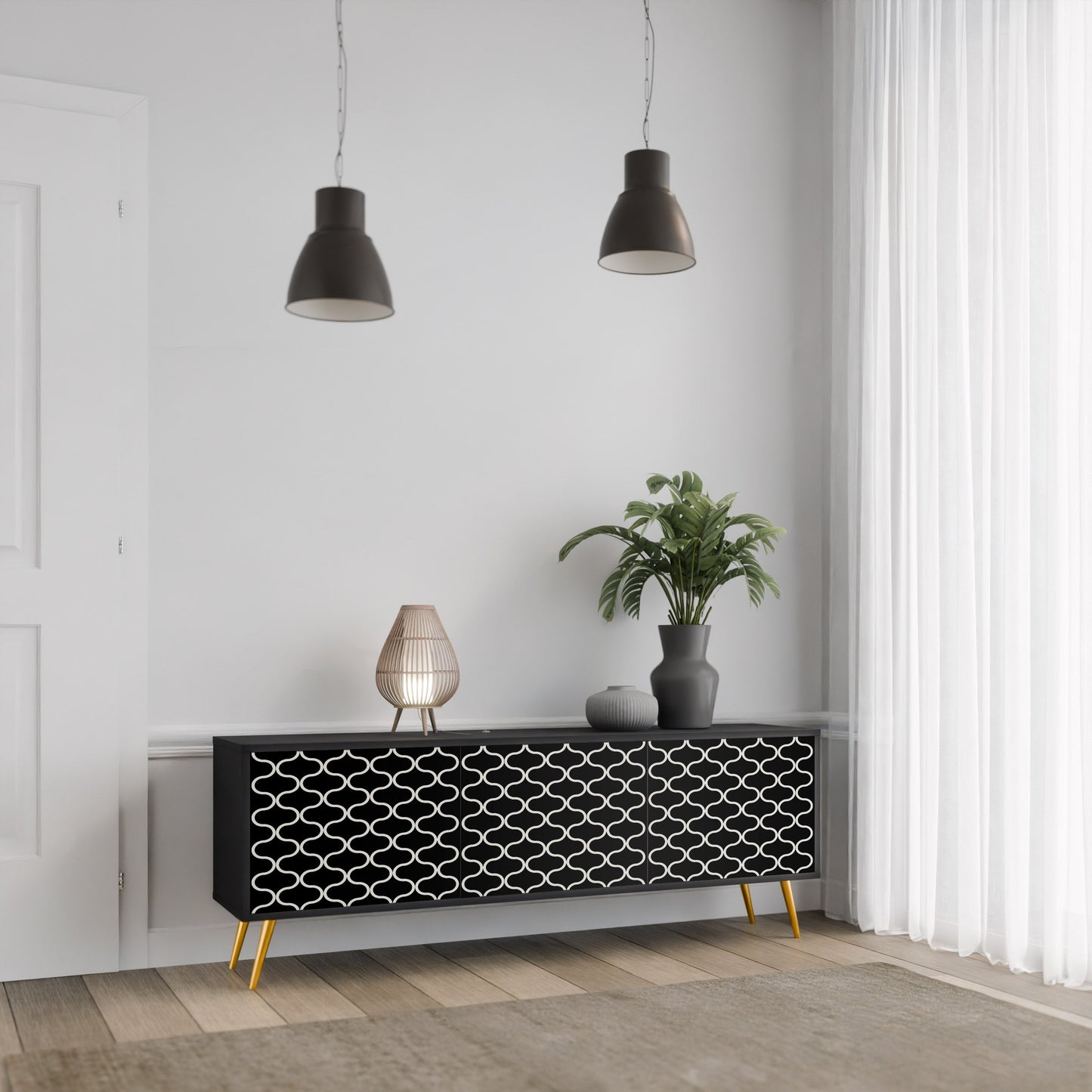 TESSELATED BLACKNESS 3-Door TV Stand in Black Finish