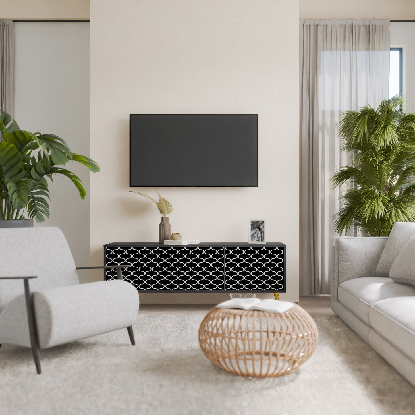 TESSELATED BLACKNESS 3-Door TV Stand in Black Finish
