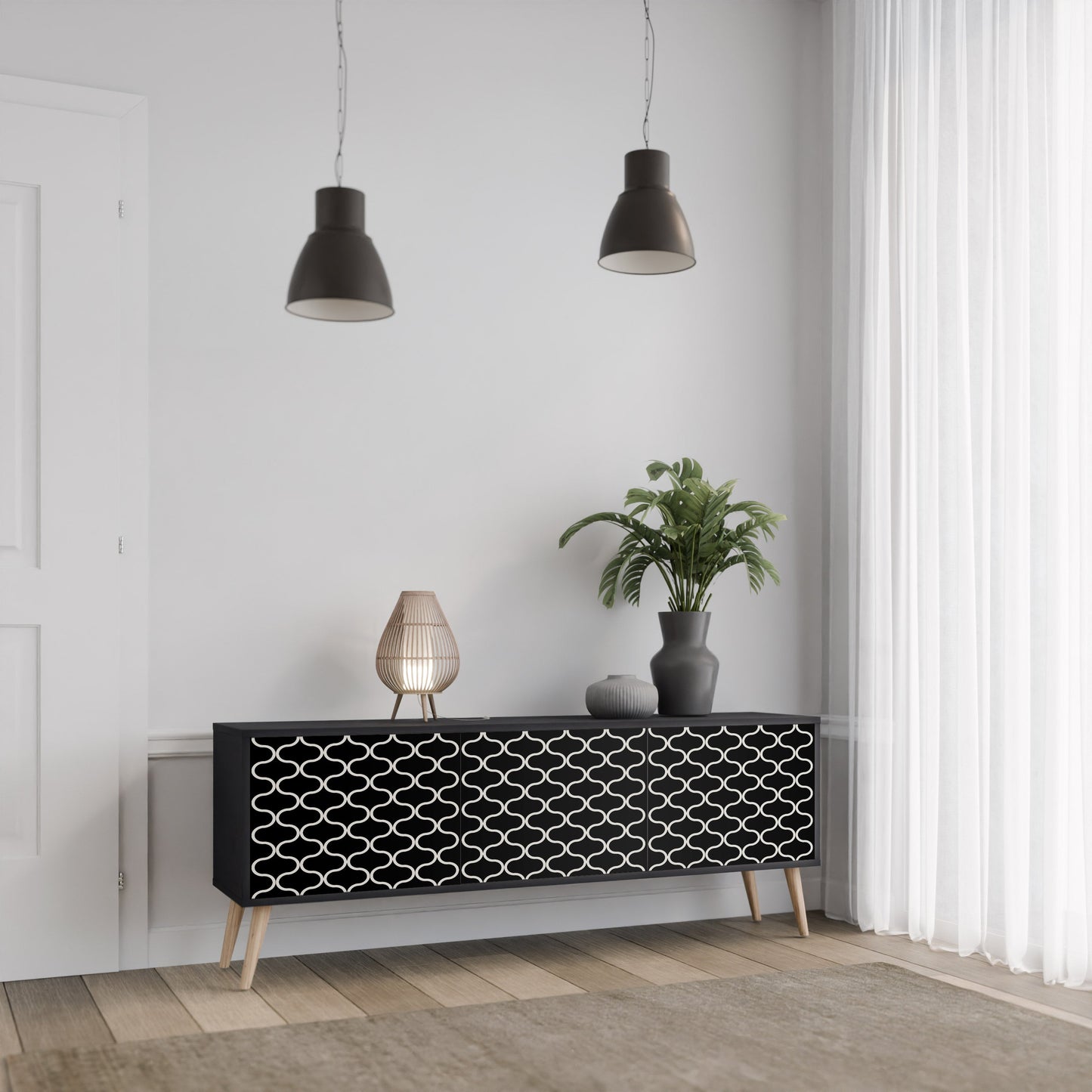 TESSELATED BLACKNESS 3-Door TV Stand in Black Finish